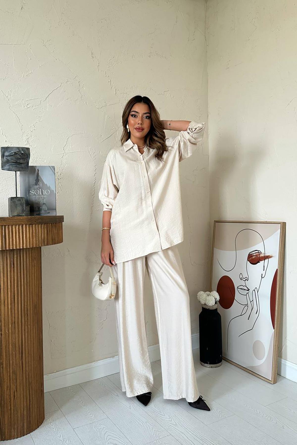 Toptan Bej Alice Gömlek Ve Bol Kesim Pantolon Takım Bej L