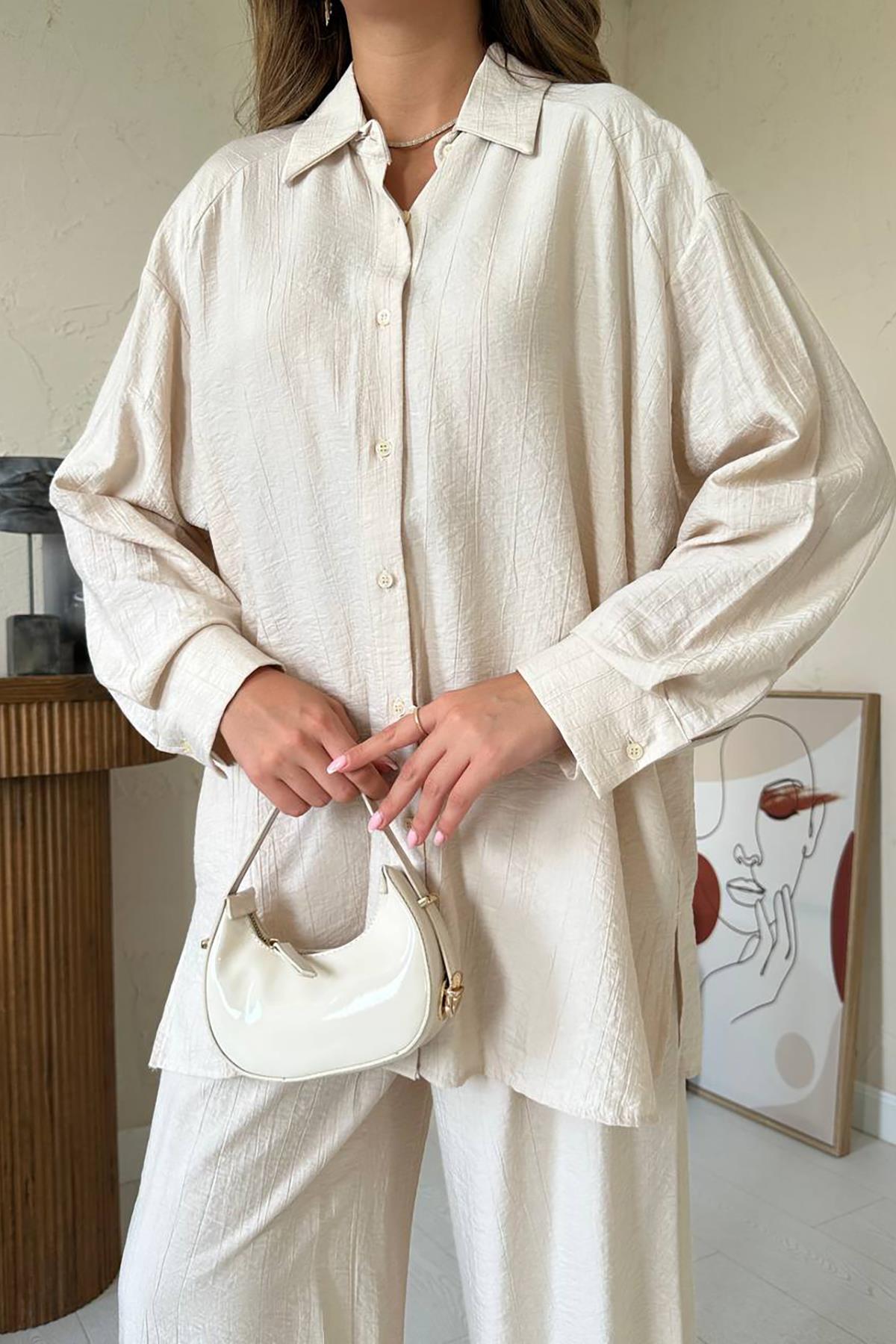 Toptan Bej Alice Gömlek Ve Bol Kesim Pantolon Takım