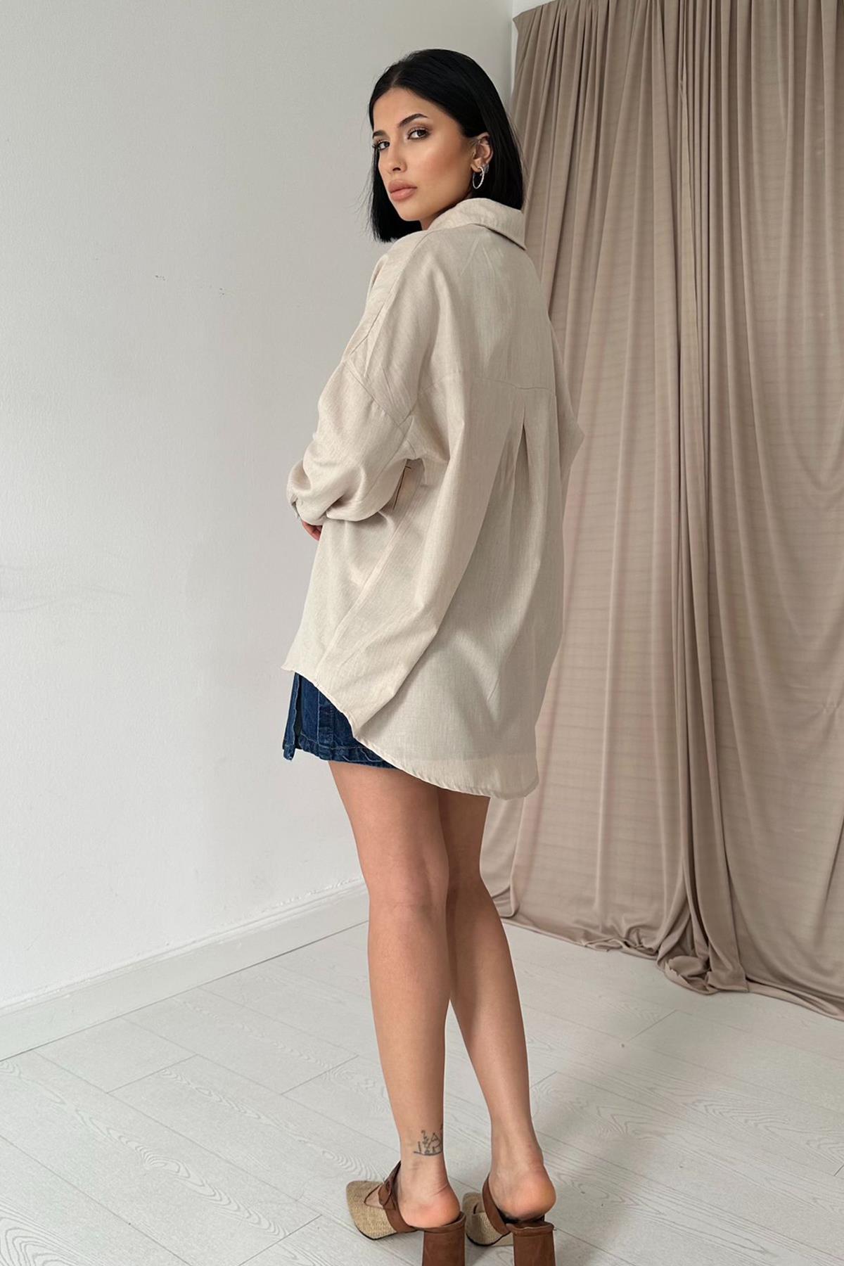 Toptan Bej Boyamalı Keten Baskılı Taşlı Gömlek