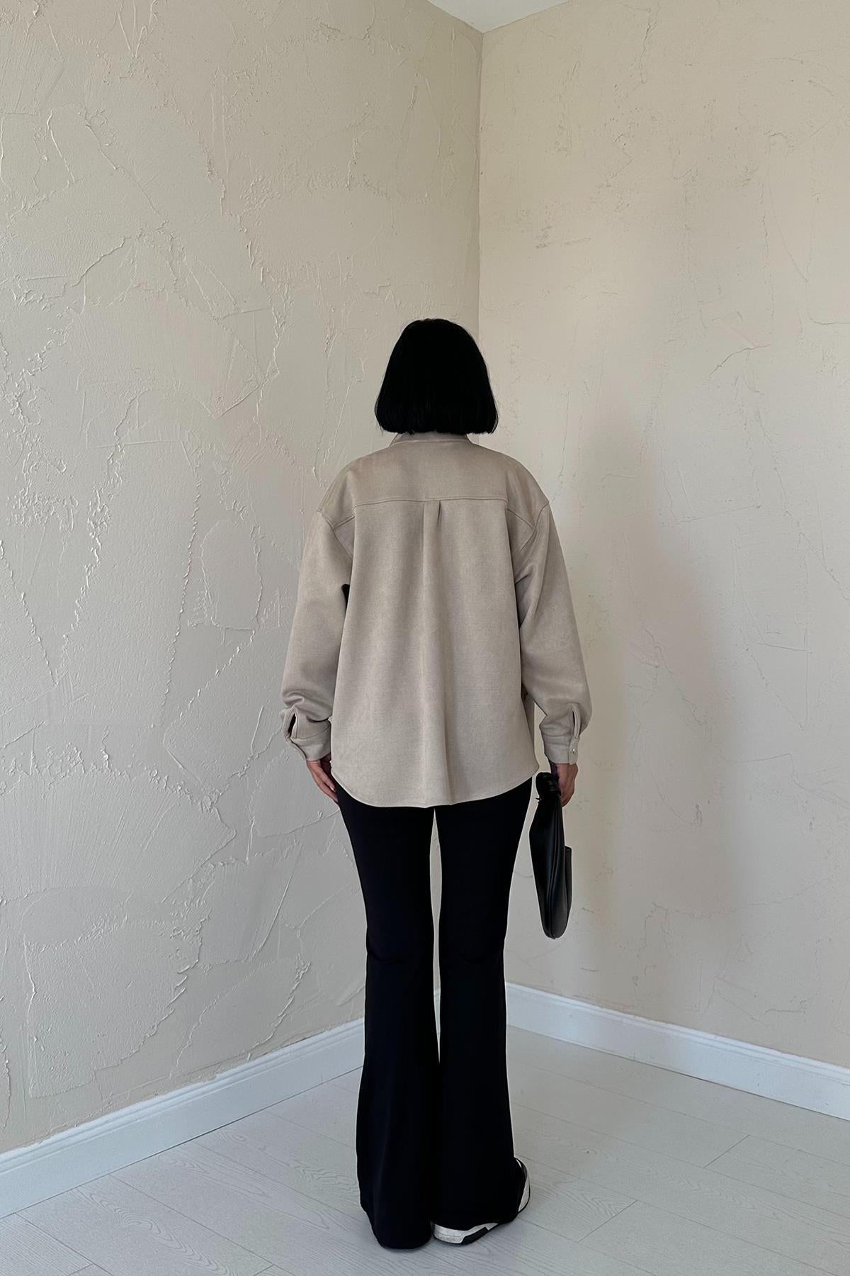 Toptan Bej Çıtçıtlı Süet Gömlek