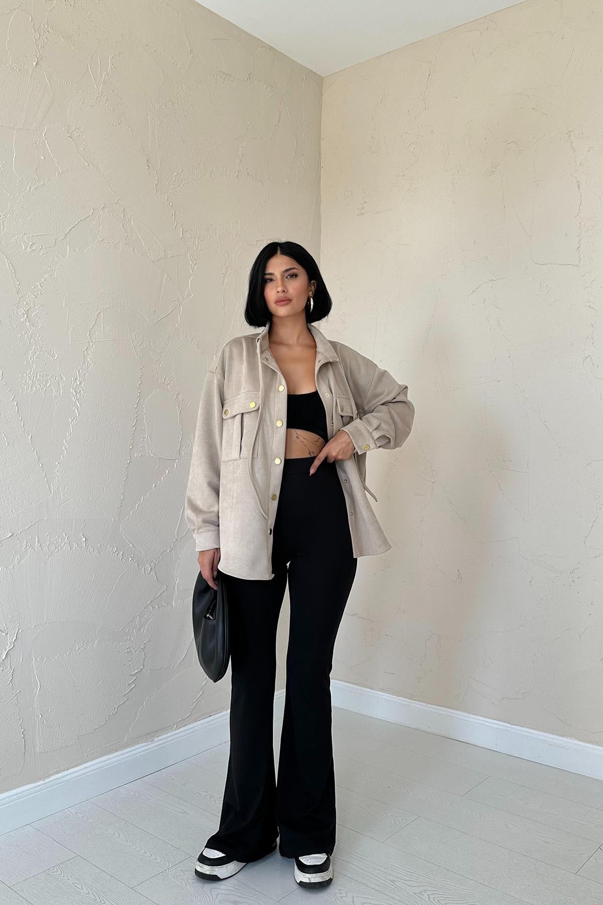 Toptan Bej Çıtçıtlı Süet Gömlek Bej L