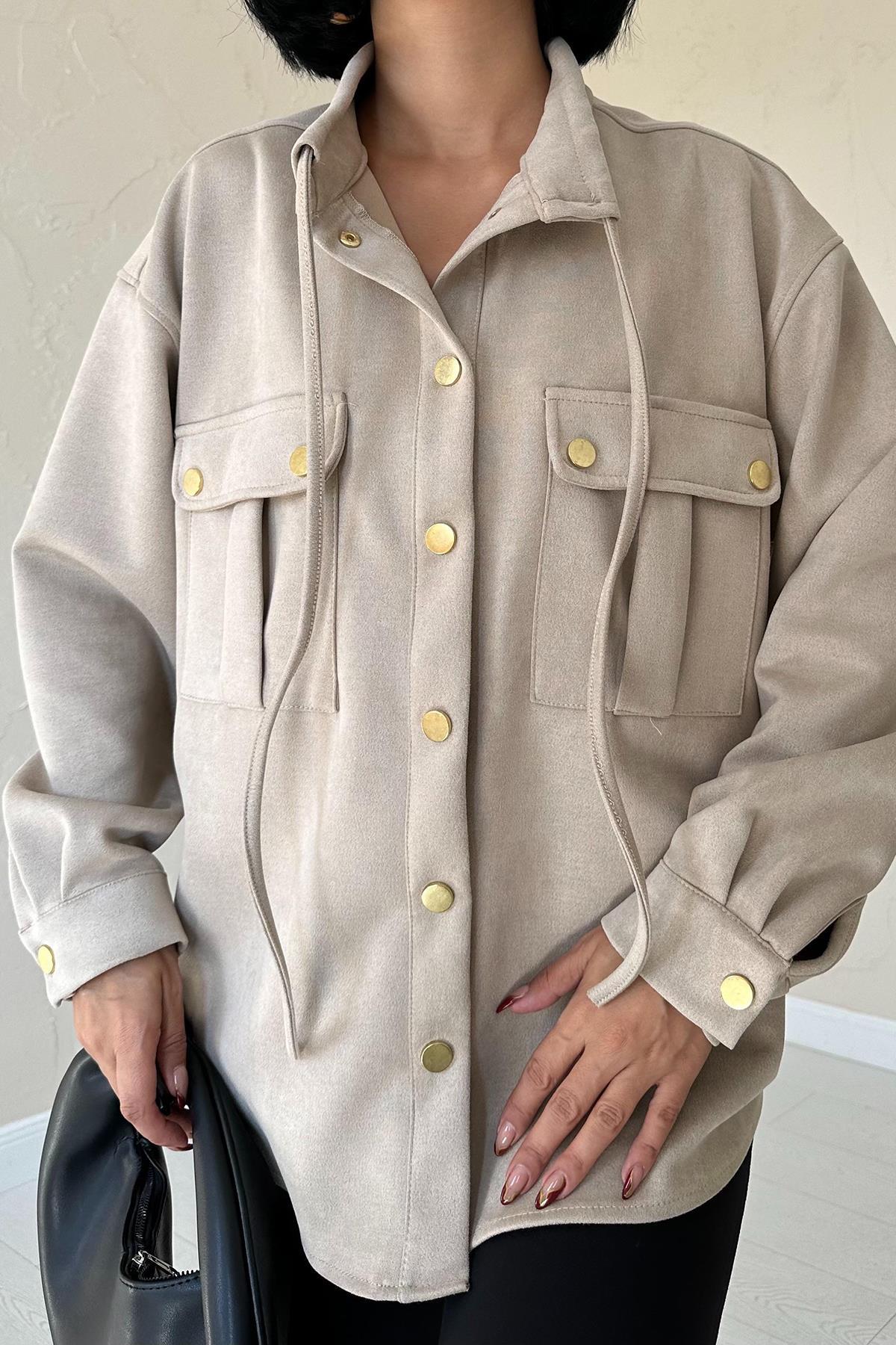 Toptan Bej Çıtçıtlı Süet Gömlek