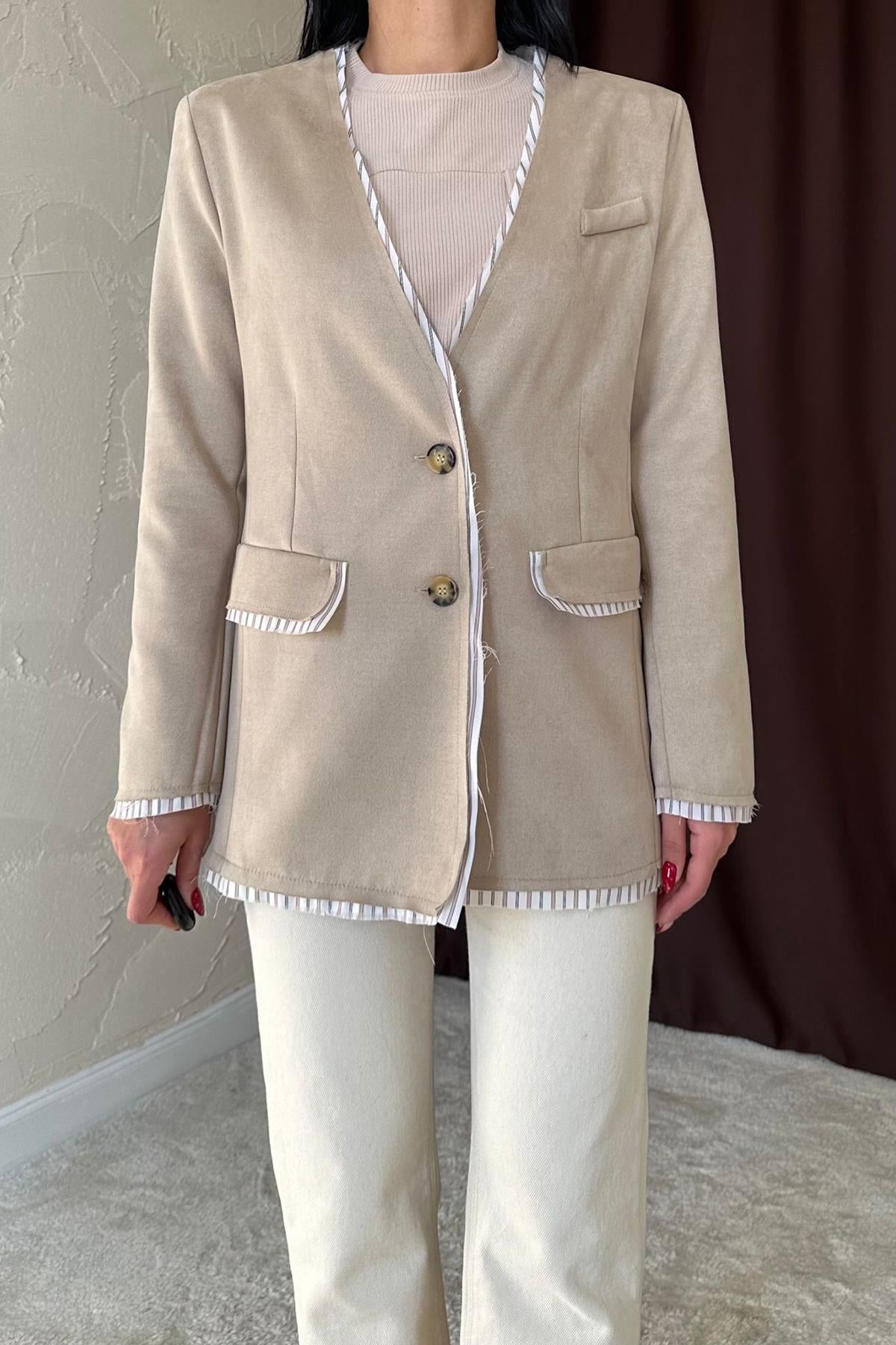 Toptan Bej Çizgili Astarlı Garnili Süet Ceket