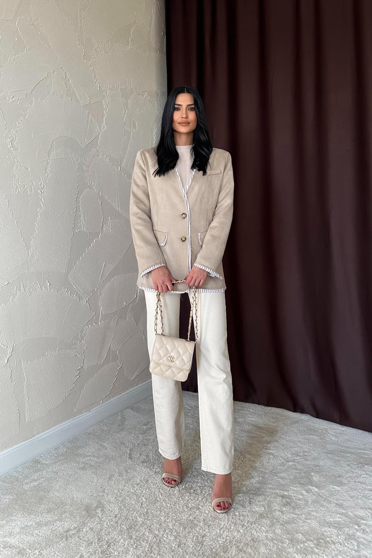 Toptan Bej Çizgili Astarlı Garnili Süet Ceket Bej L