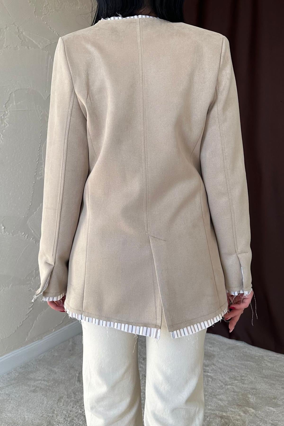 Toptan Bej Çizgili Astarlı Garnili Süet Ceket