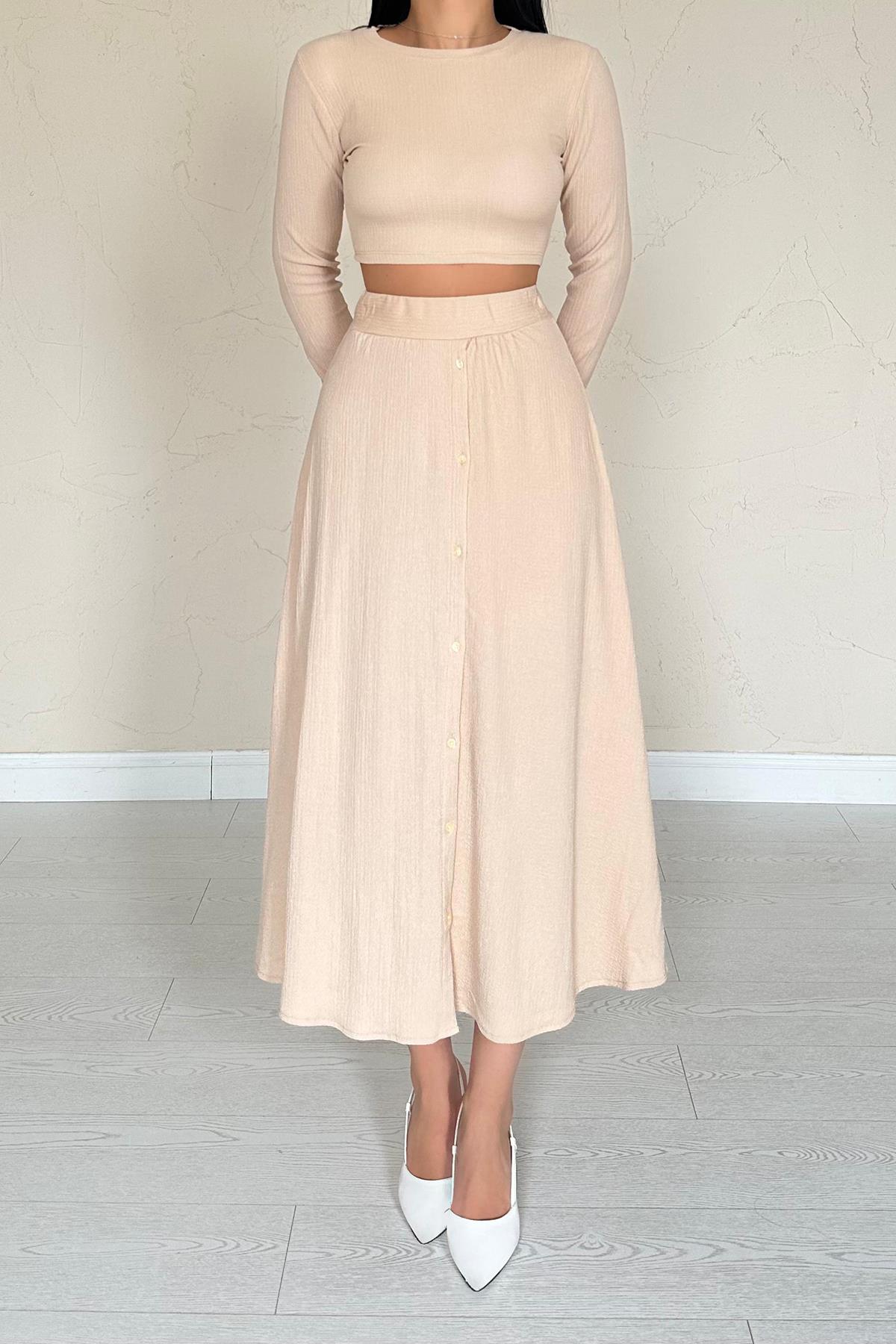 Toptan Bej Fitilli Bluz & Etek Takım