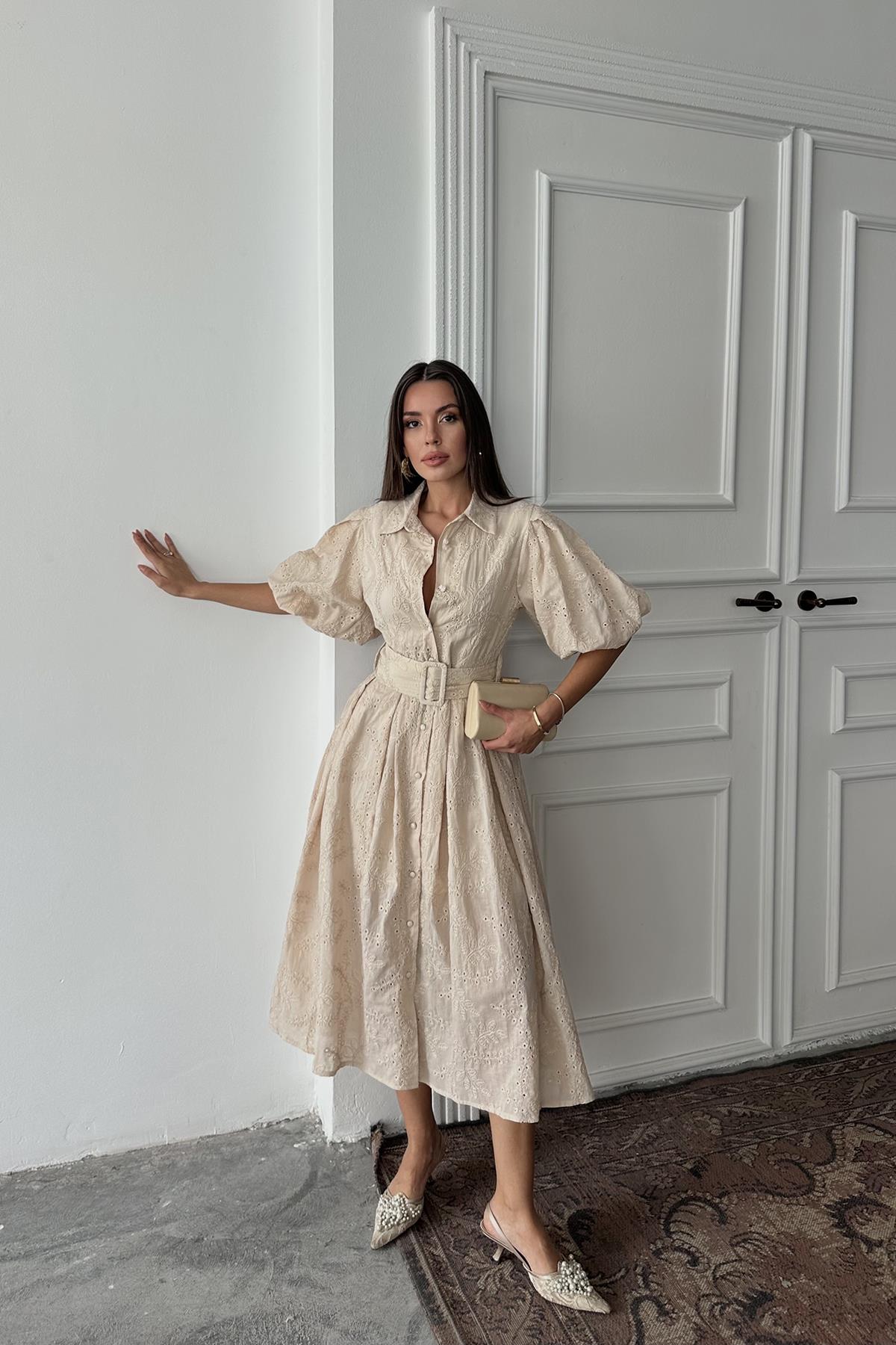 Toptan Bej Pileli Balon Kol Elbise