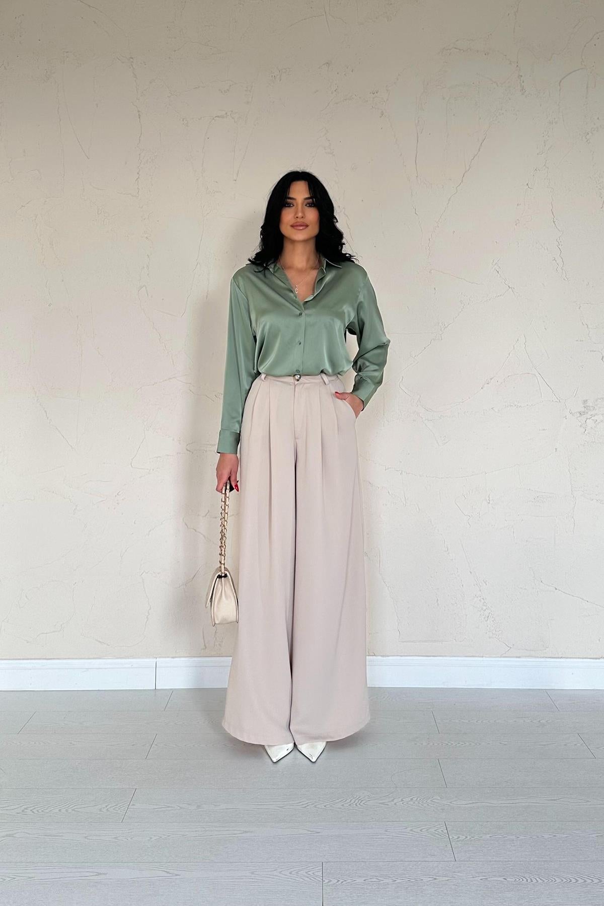 Toptan Bej Pileli Comfort Pantolon Bej L