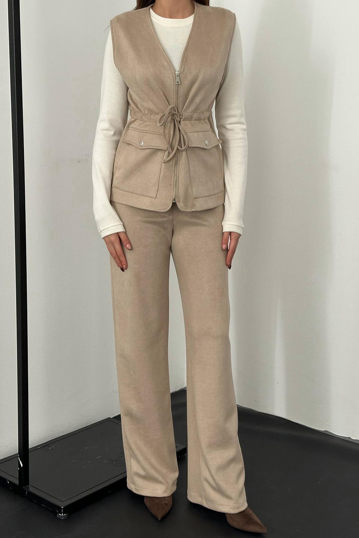 Toptan Bej Süet Yelek Pantolon Takım