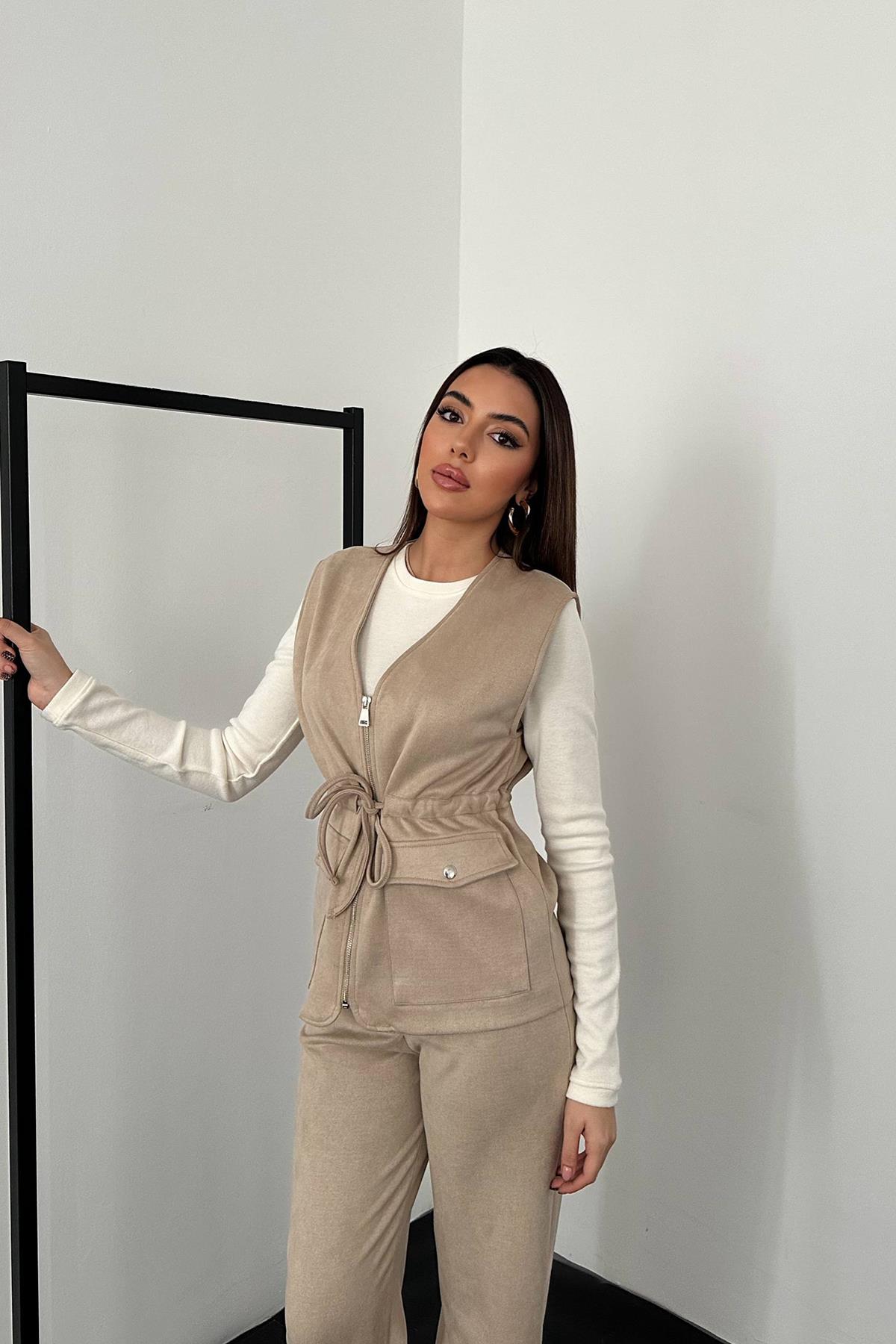 Toptan Bej Süet Yelek Pantolon Takım