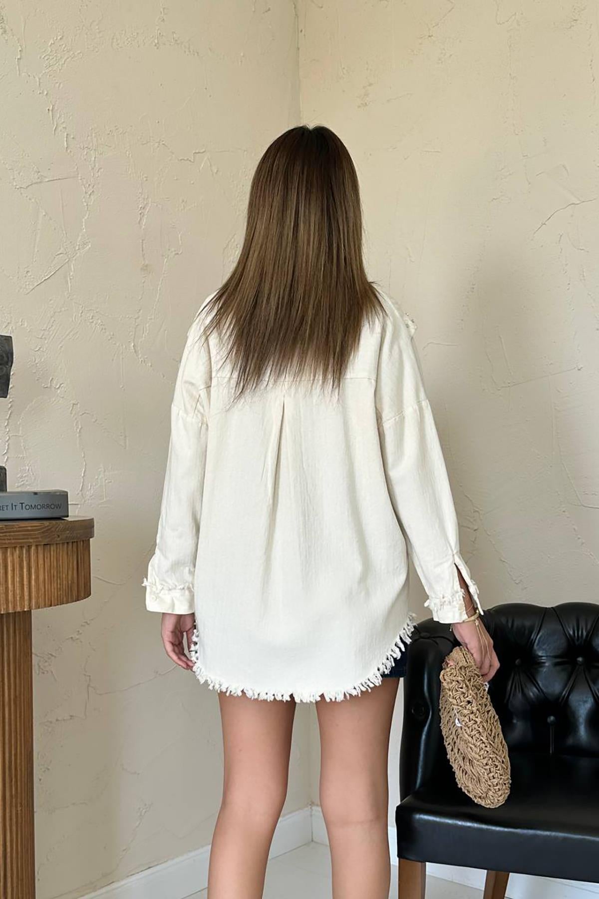 Toptan Bej Taş İşlemeli Tasarım Gömlek