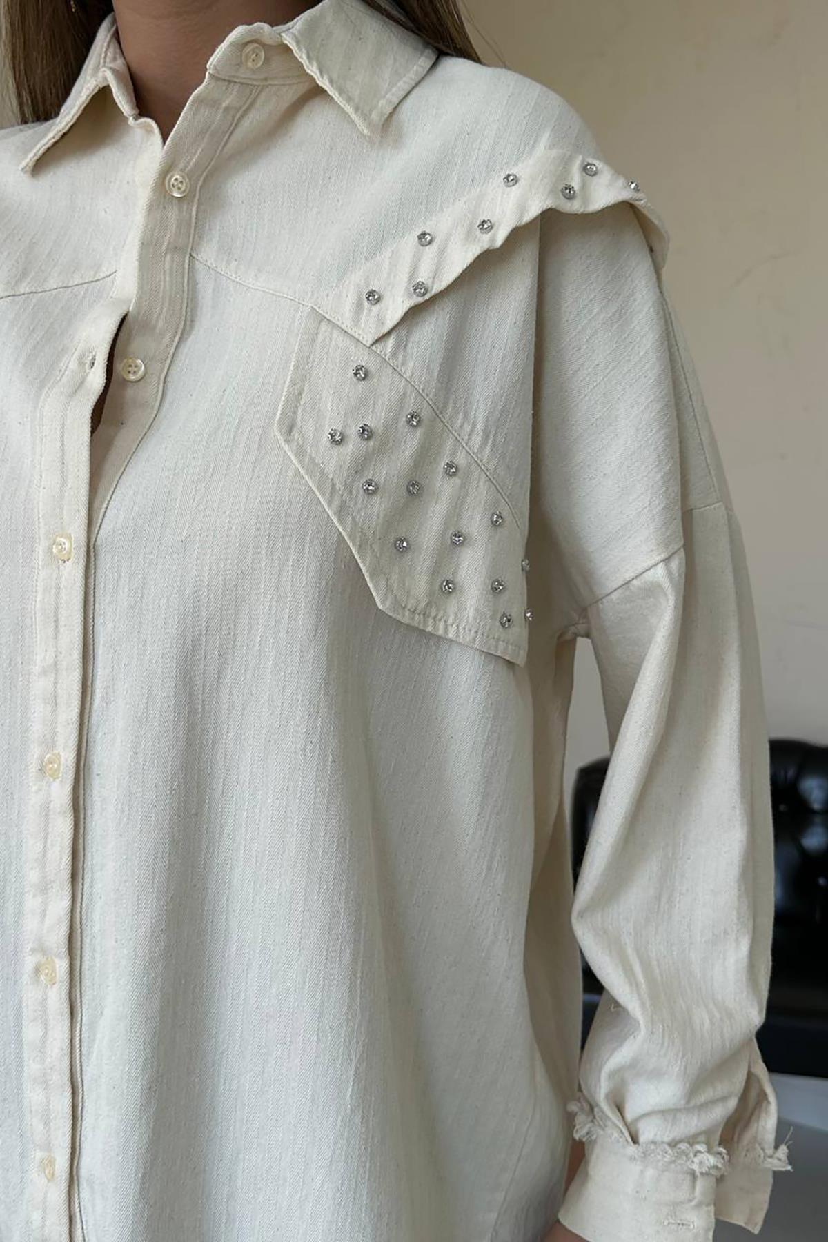 Toptan Bej Taş İşlemeli Tasarım Gömlek