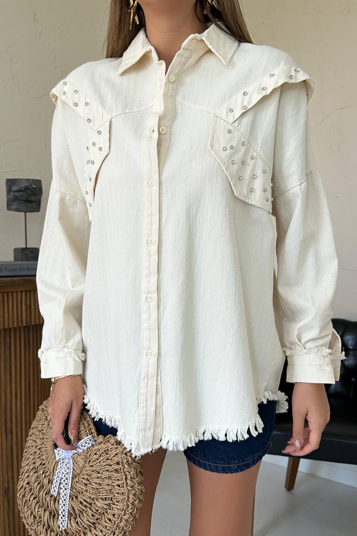 Toptan Bej Taş İşlemeli Tasarım Gömlek