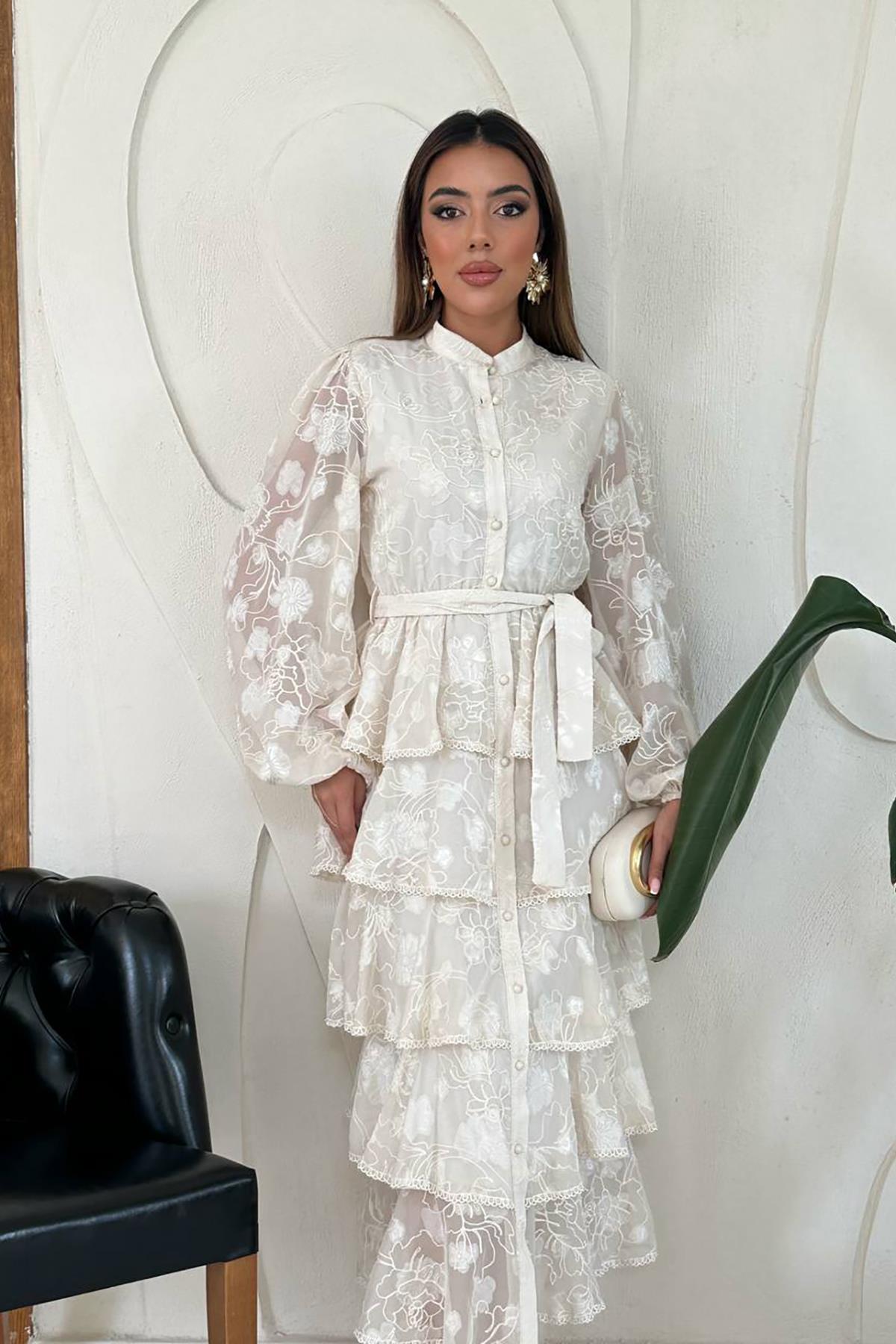 Toptan Bej Valonlu Şeritli Kat Kat Elbise