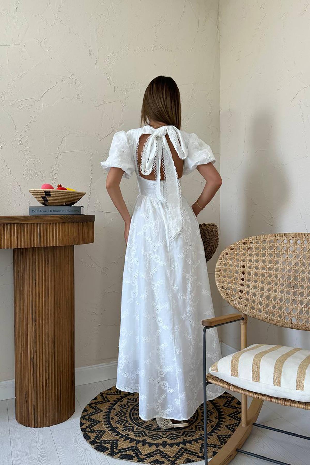 Toptan Beyaz Arkası Bağlamalı Brode Elbise