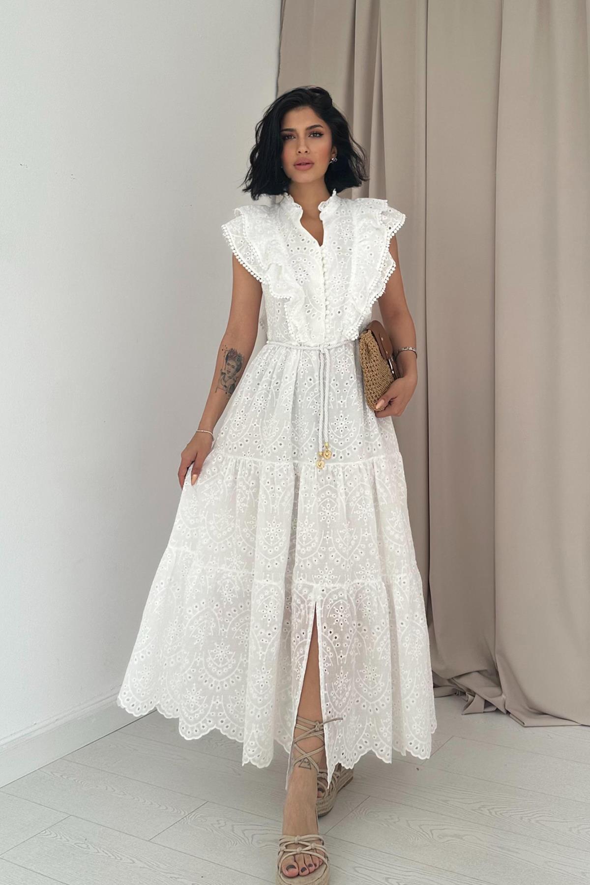 Toptan Beyaz Fırfırlı Düğmeli Elbise Beyaz L