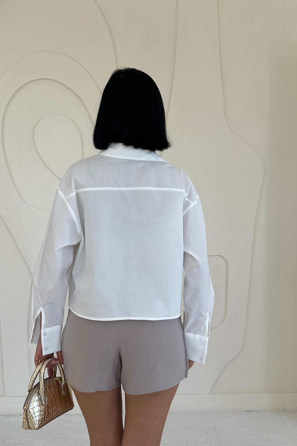 Toptan Beyaz Fleto Cepli Poplin Gömlek