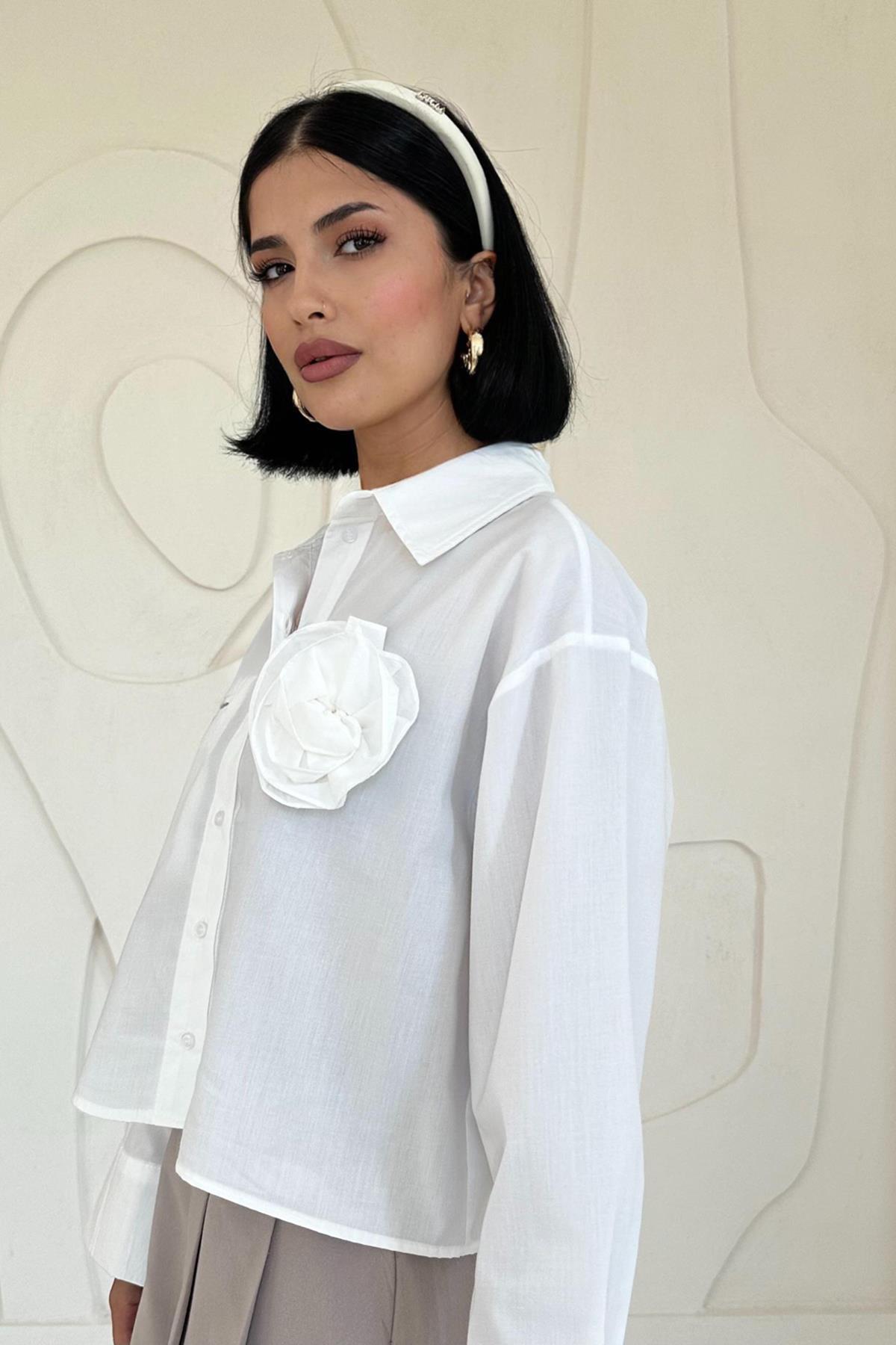 Toptan Beyaz Fleto Cepli Poplin Gömlek