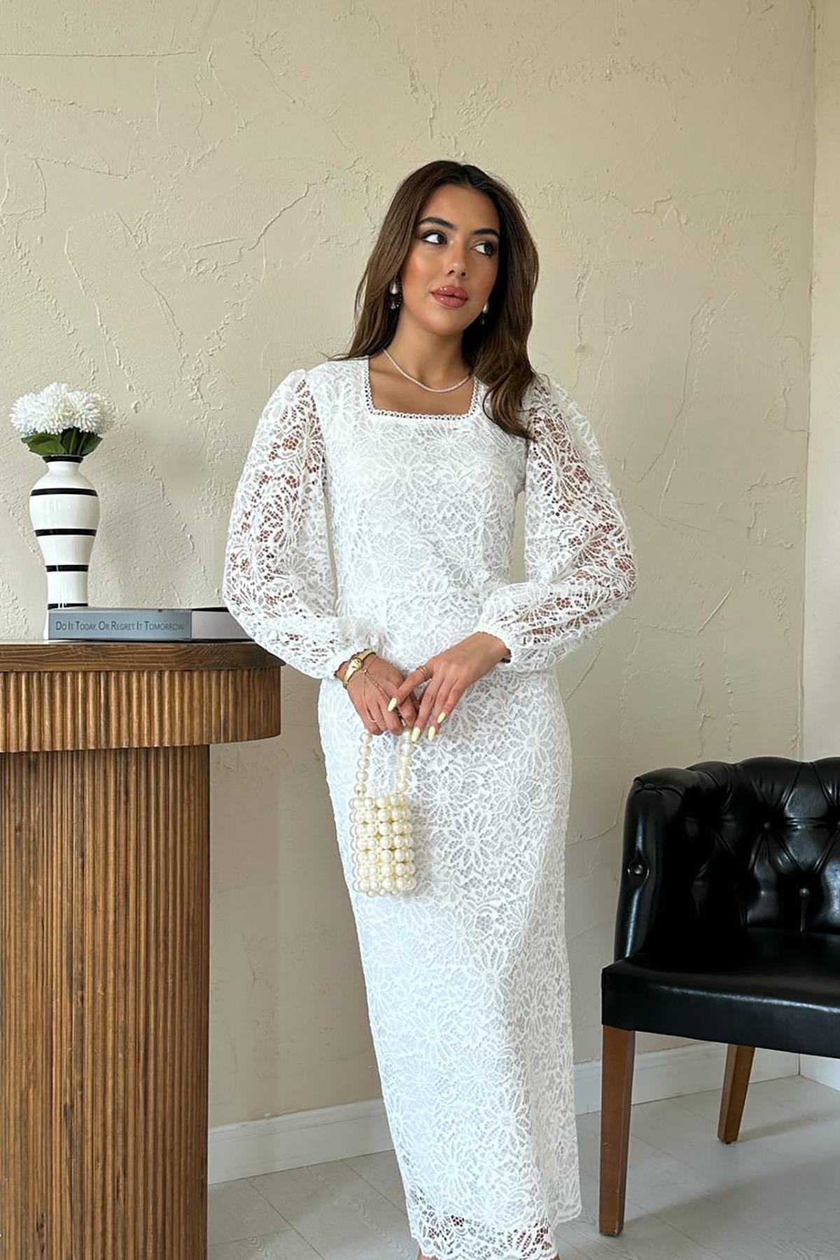 Toptan Beyaz Güpür Detaylı Dantel Elbise