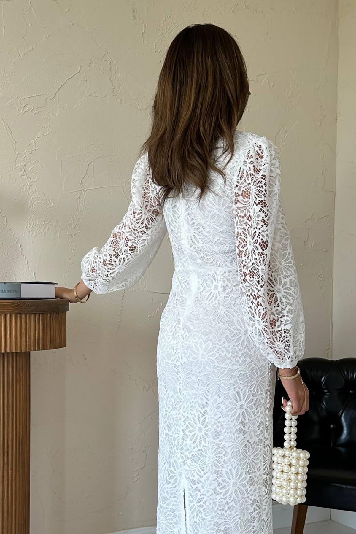 Toptan Beyaz Güpür Detaylı Dantel Elbise