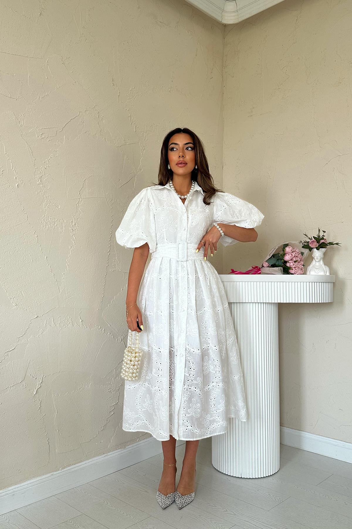 Toptan Beyaz Pileli Balon Kol Elbise