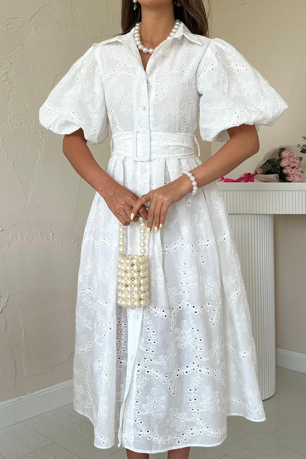 Toptan Beyaz Pileli Balon Kol Elbise