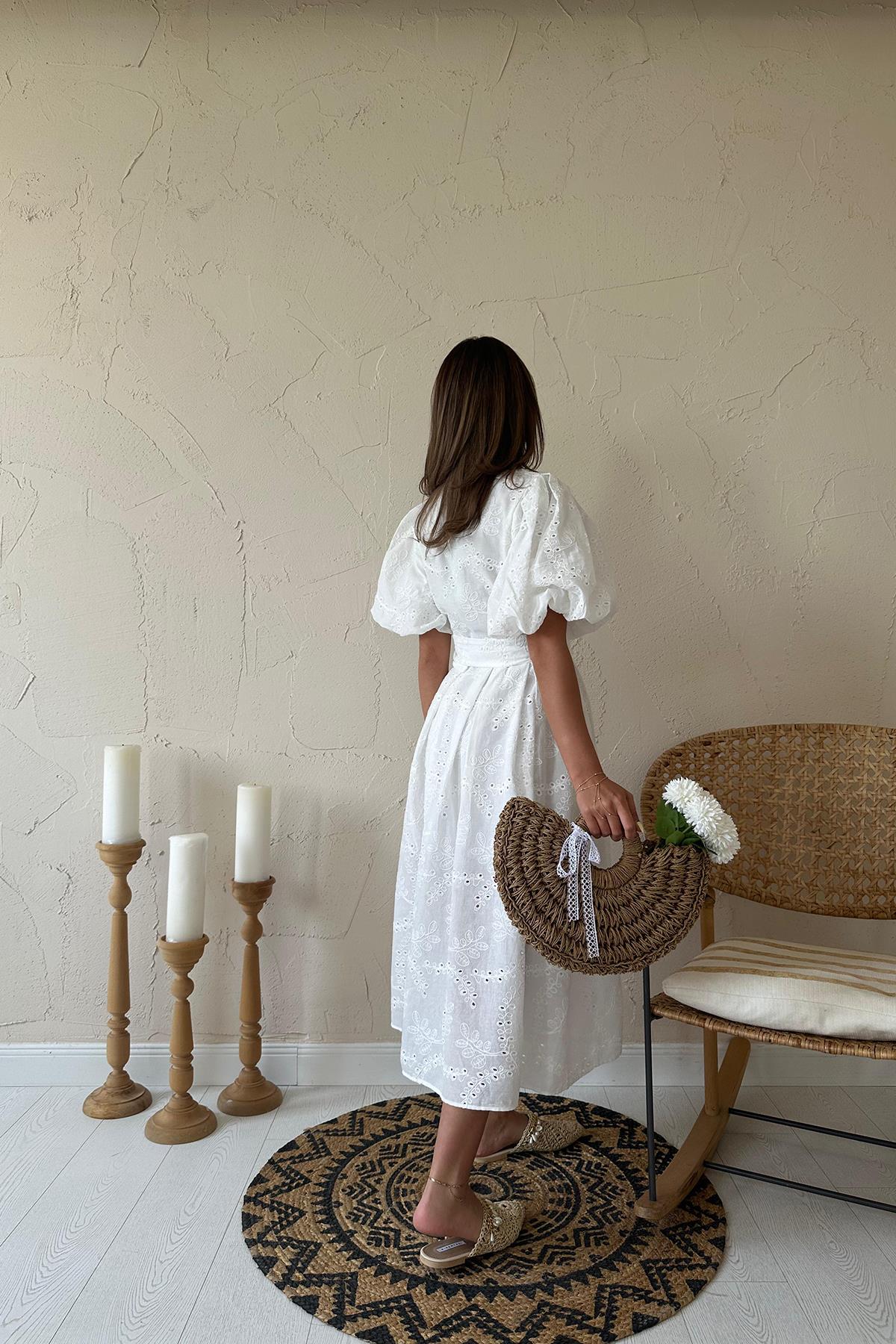 Toptan Beyaz Pileli Balon Kol Elbise