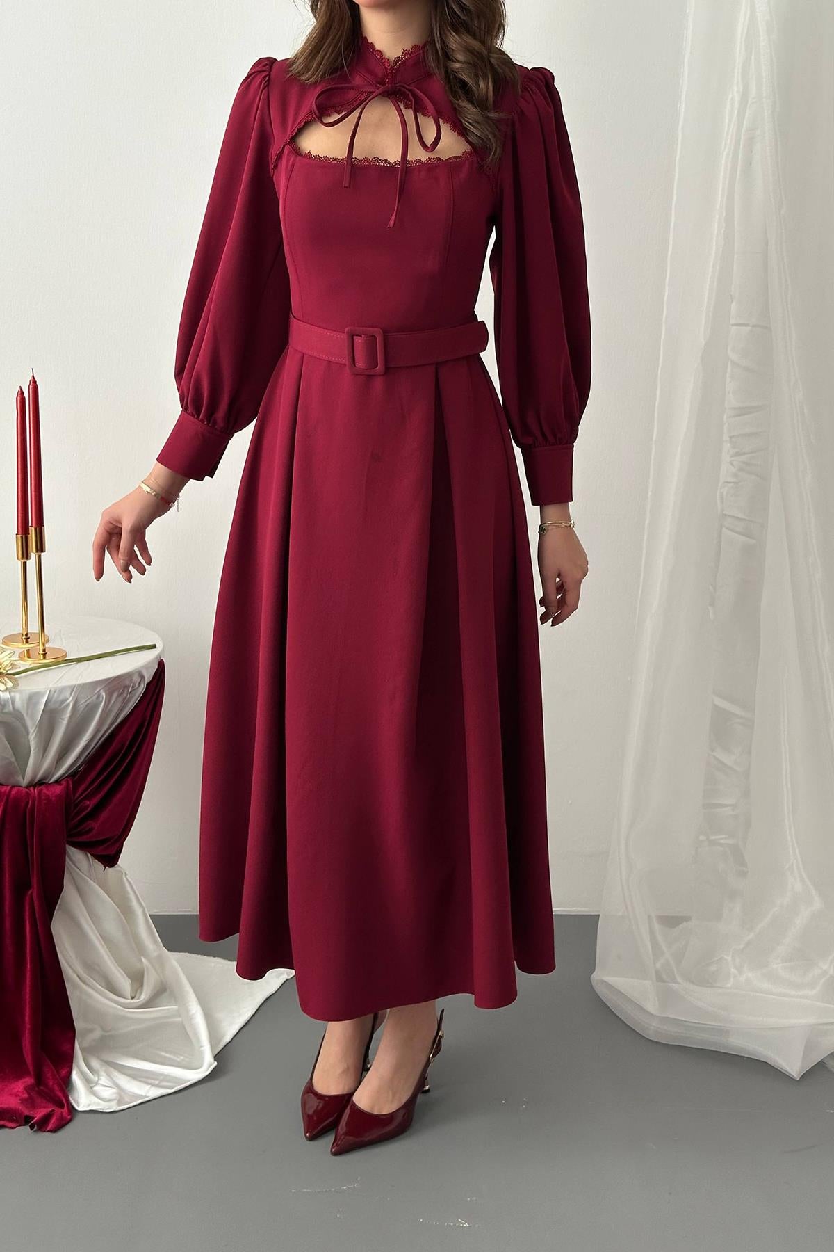 Toptan Bordo Dantelli Kuplu Elbise