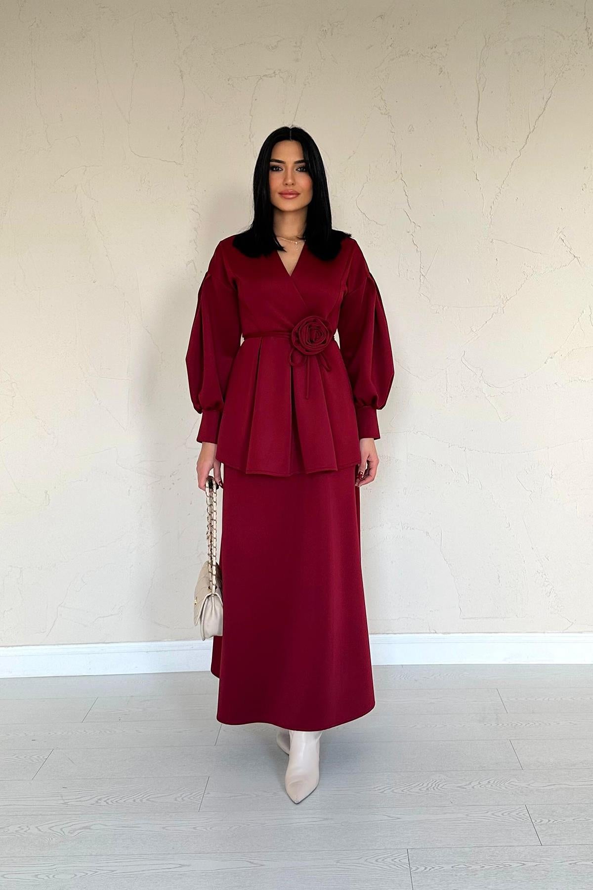 Toptan Bordo Gül Detaylı Takım Bordo L