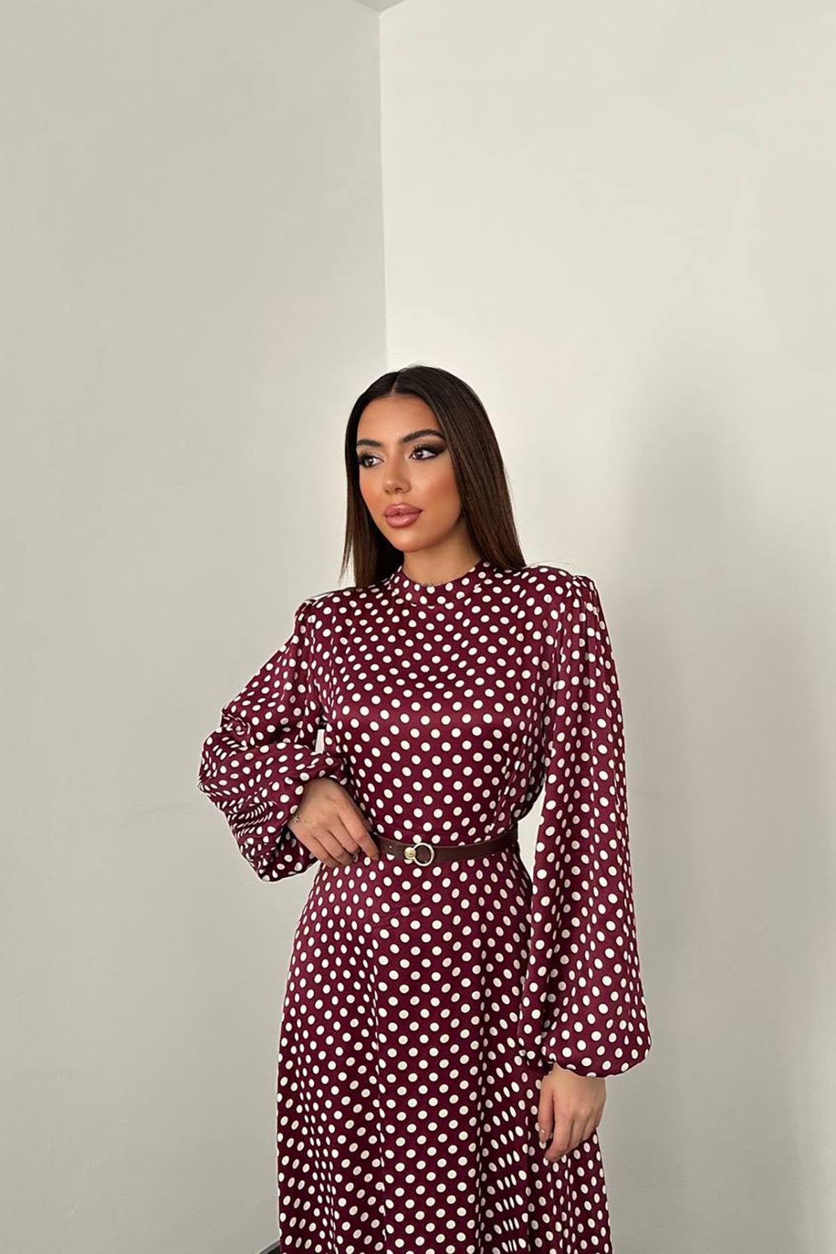 Toptan Bordo Kemer Detaylı Puantiyeli Elbise