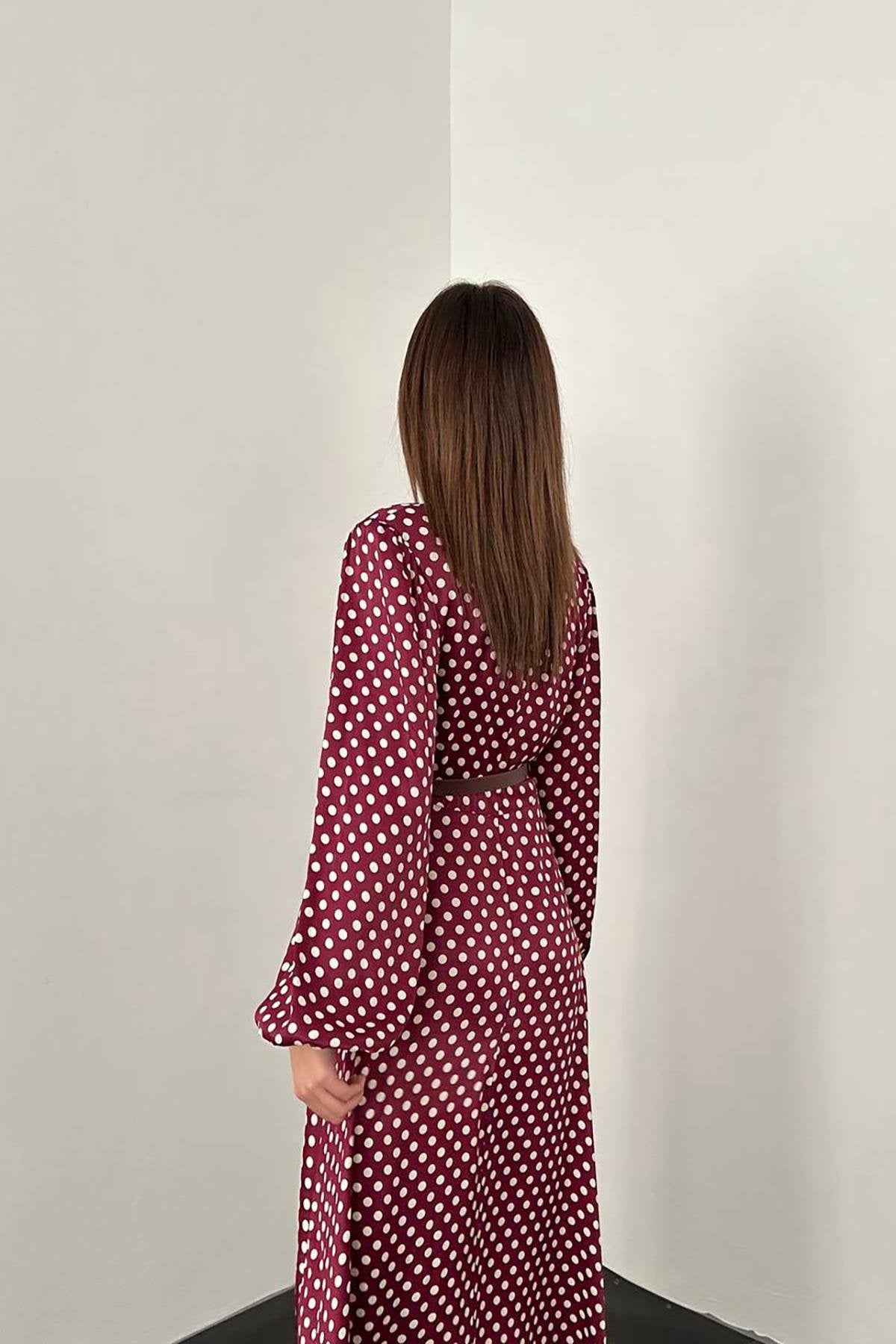 Toptan Bordo Kemer Detaylı Puantiyeli Elbise