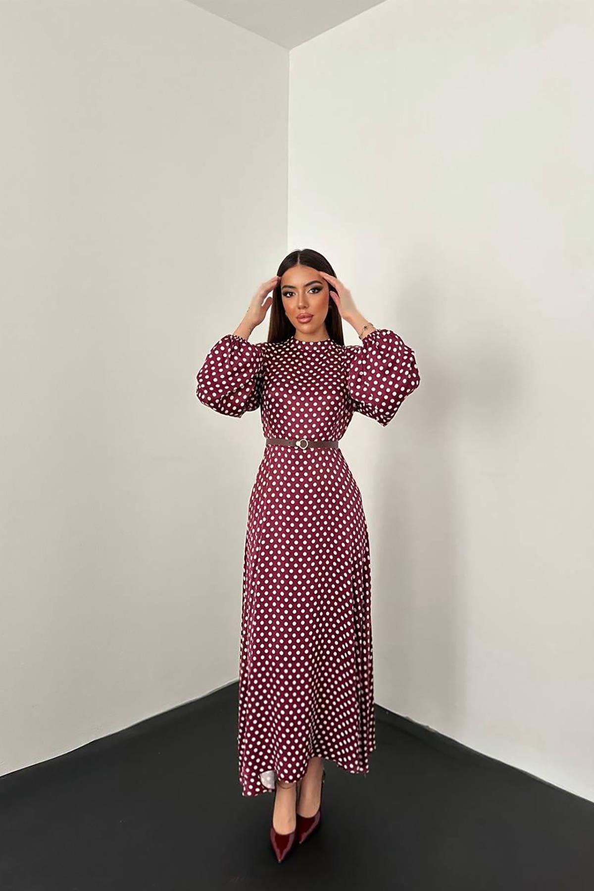 Toptan Bordo Kemer Detaylı Puantiyeli Elbise Bordo L