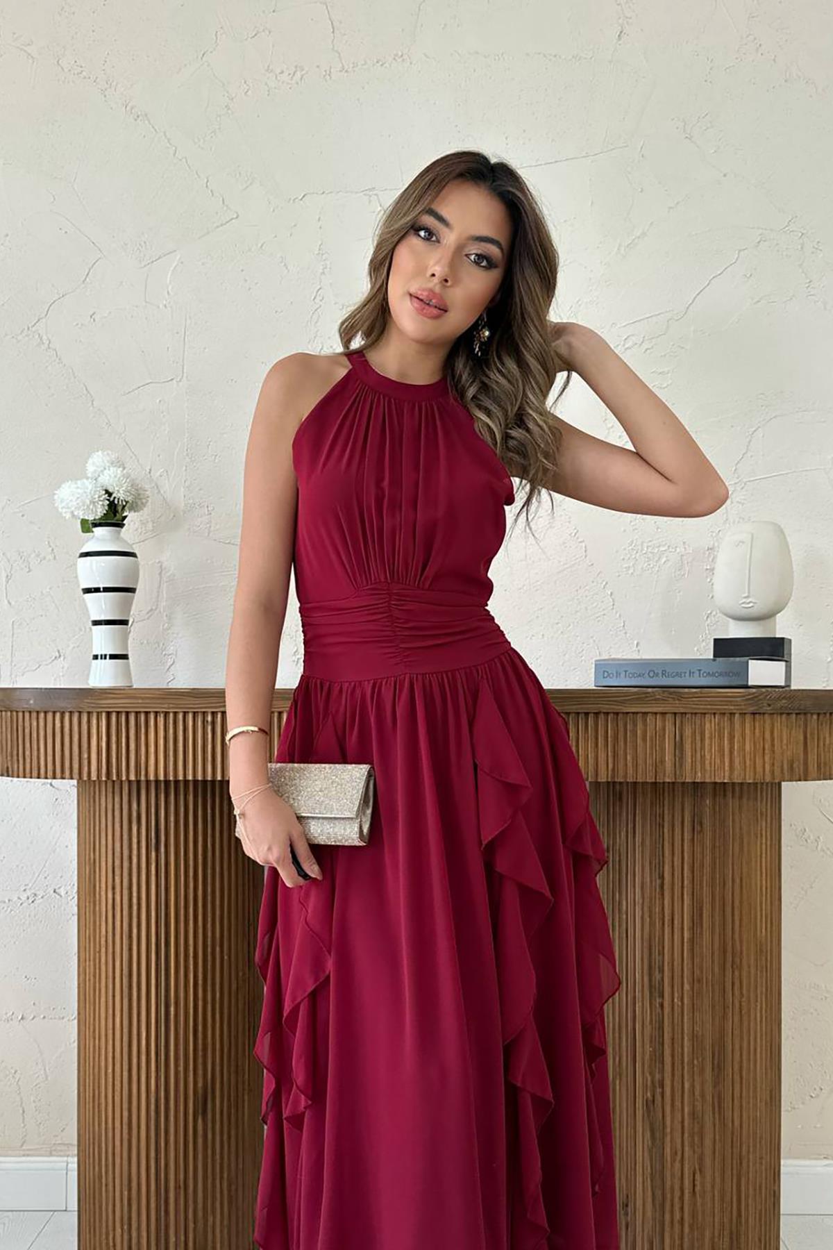 Toptan Bordo Önü Büzgülü Fırfırlı Elbise