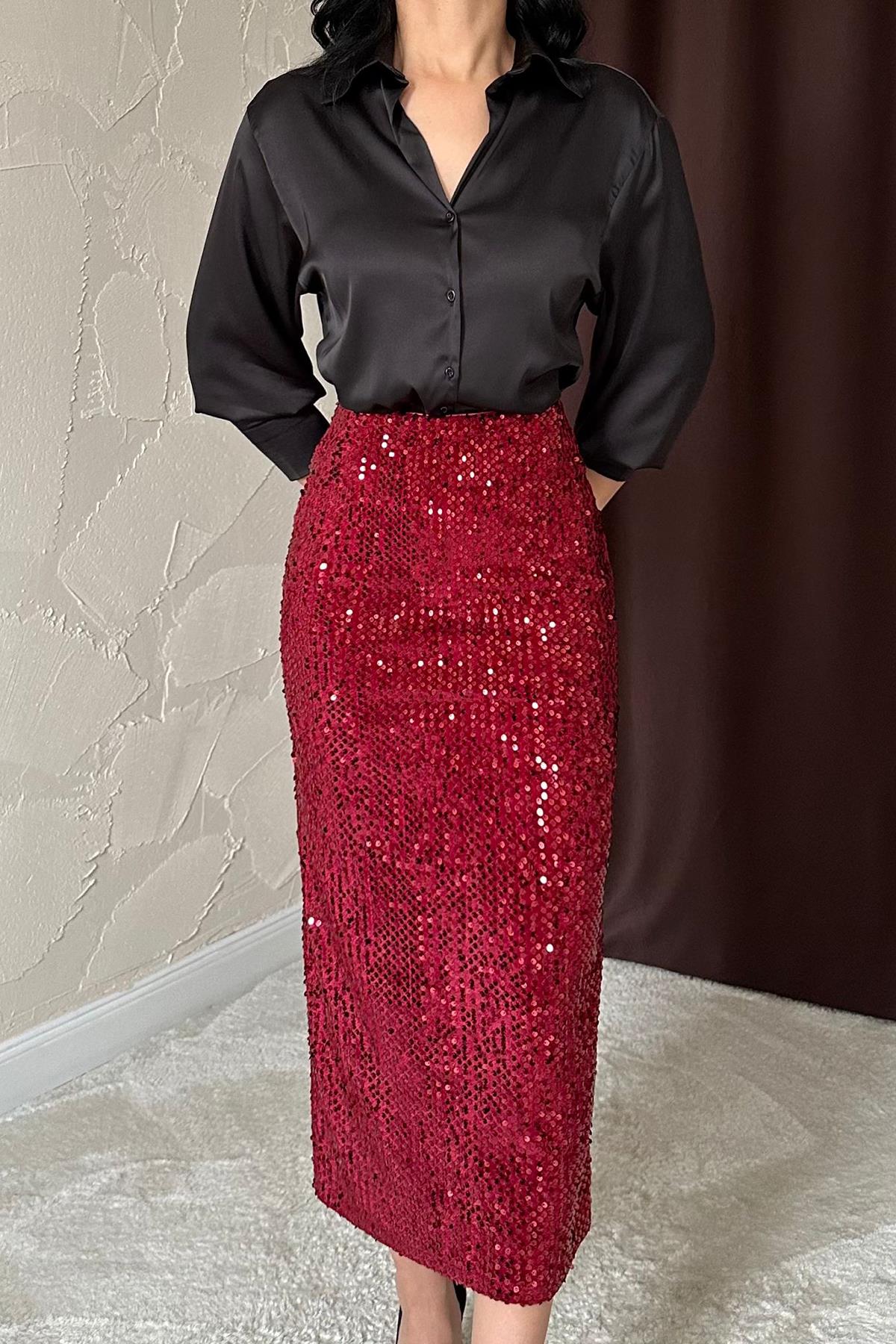 Toptan Bordo Pulpayetli Parlak Etek