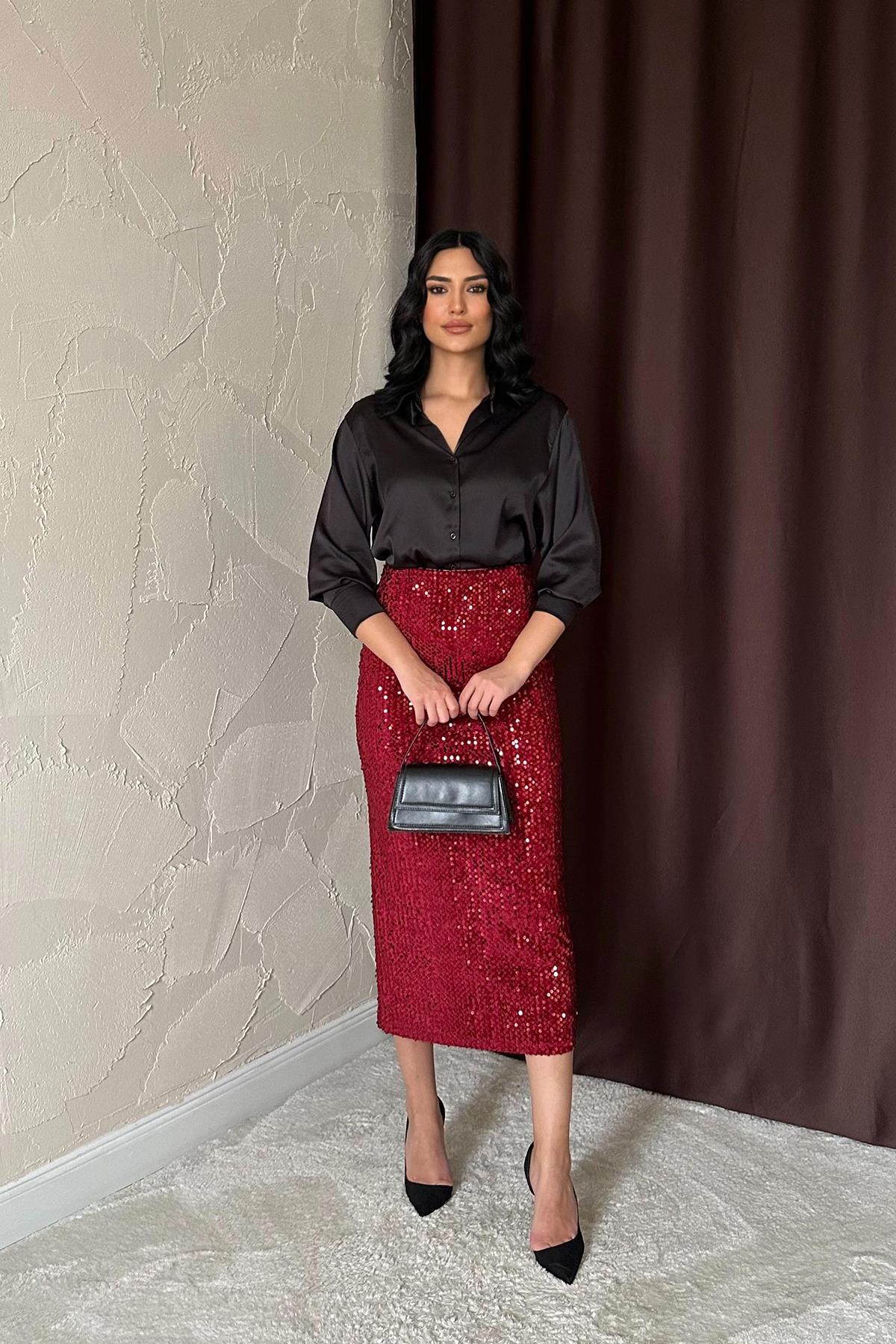 Toptan Bordo Pulpayetli Parlak Etek Bordo L