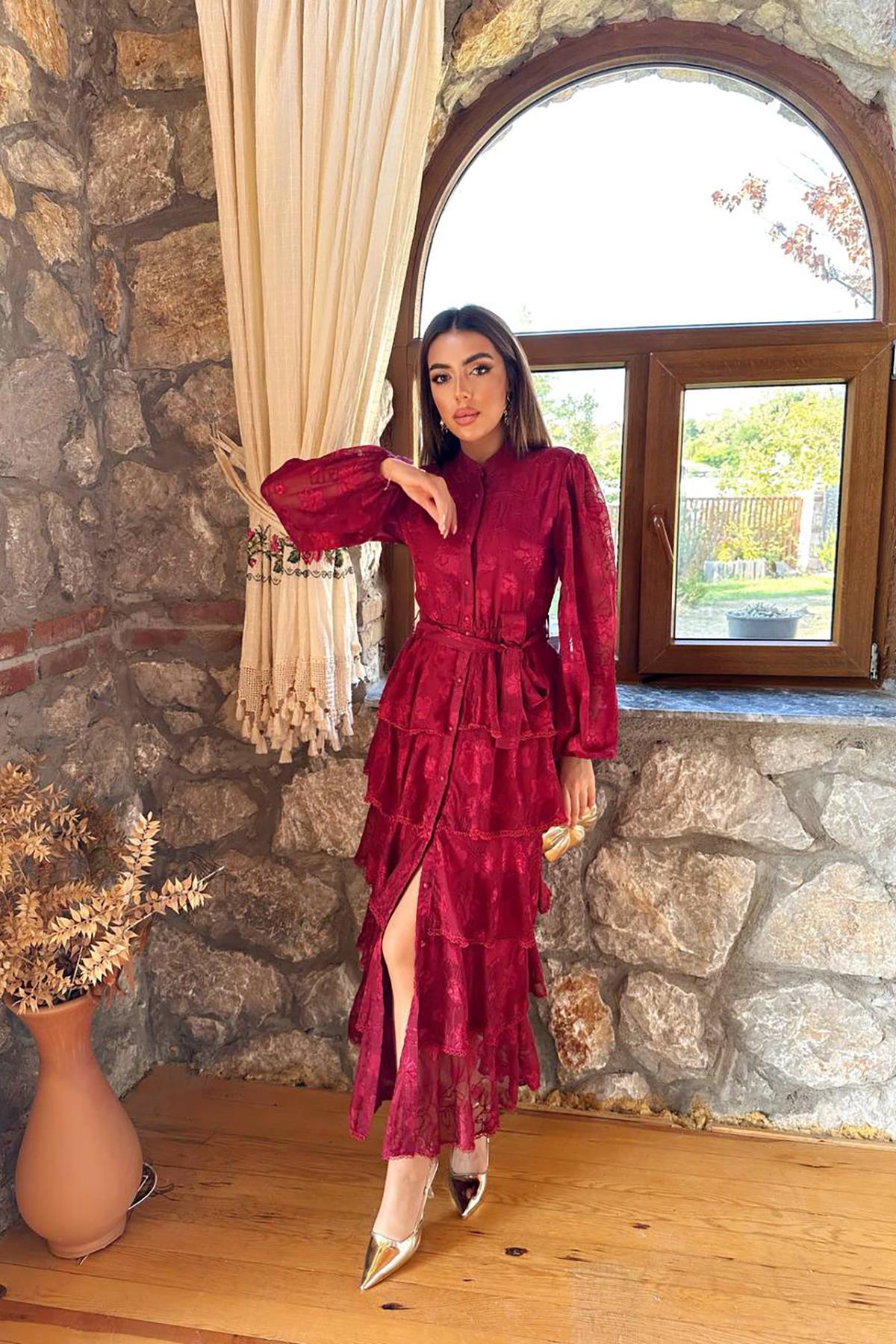 Toptan Bordo Valonlu Şeritli Kat Kat Elbise Bordo L