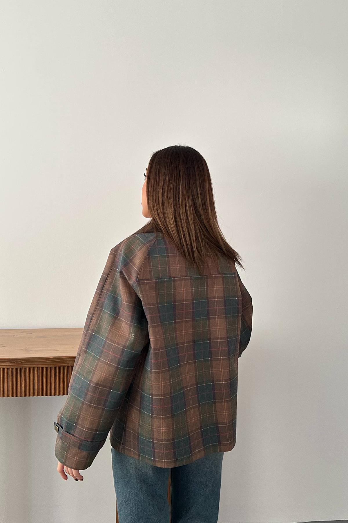 Toptan Bordo Yakası Garnili Ekose Ceket