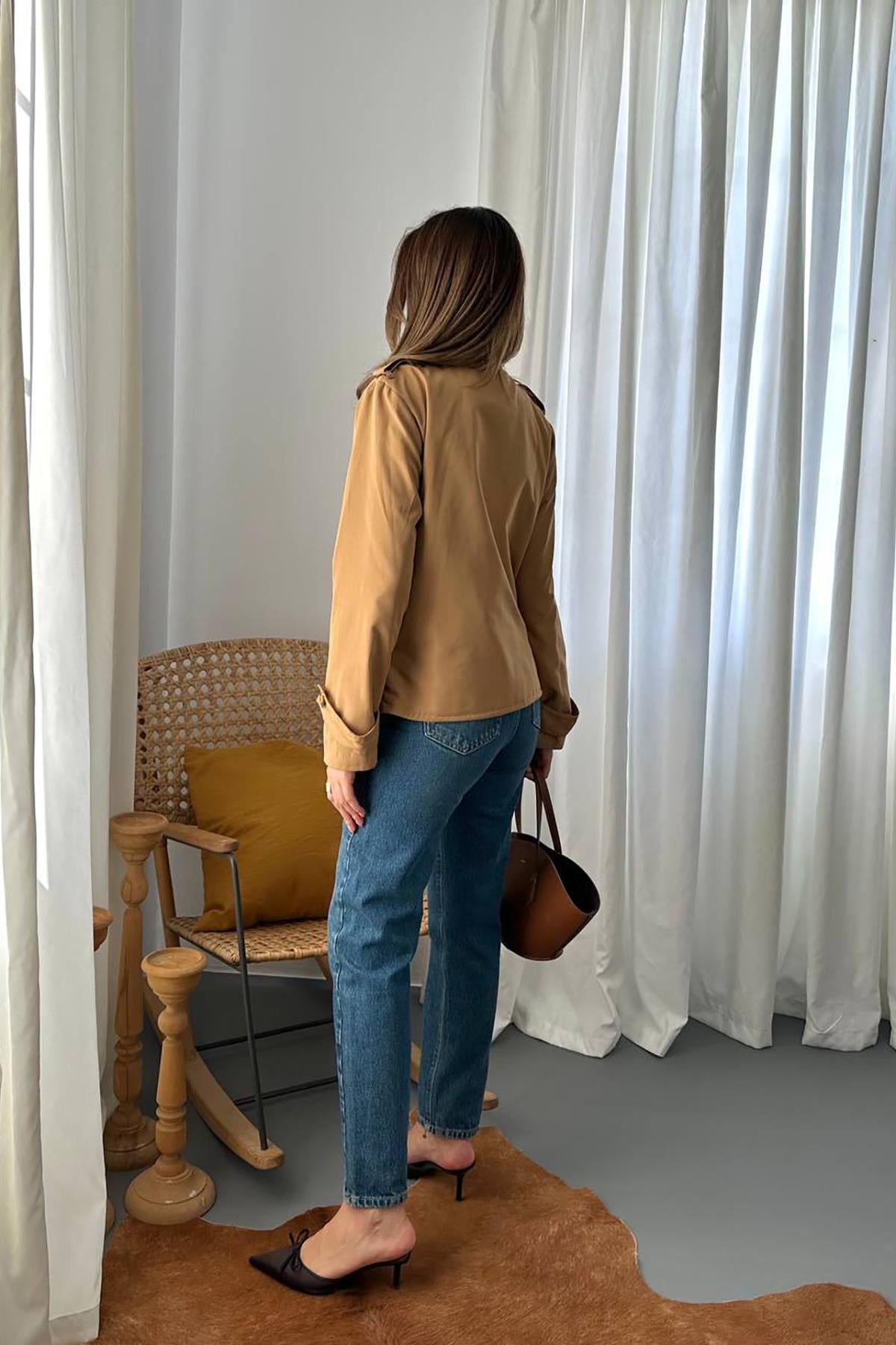 Toptan Camel Çift Katlı Kısa Ceket