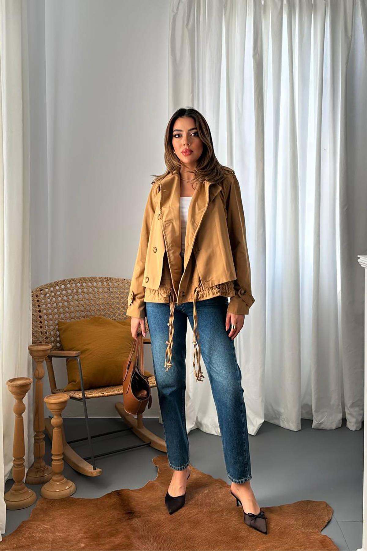 Toptan Camel Çift Katlı Kısa Ceket