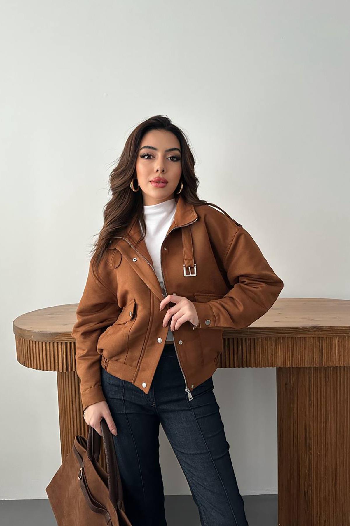 Toptan Camel Dik Yakalı Kısa Ceket Camel L