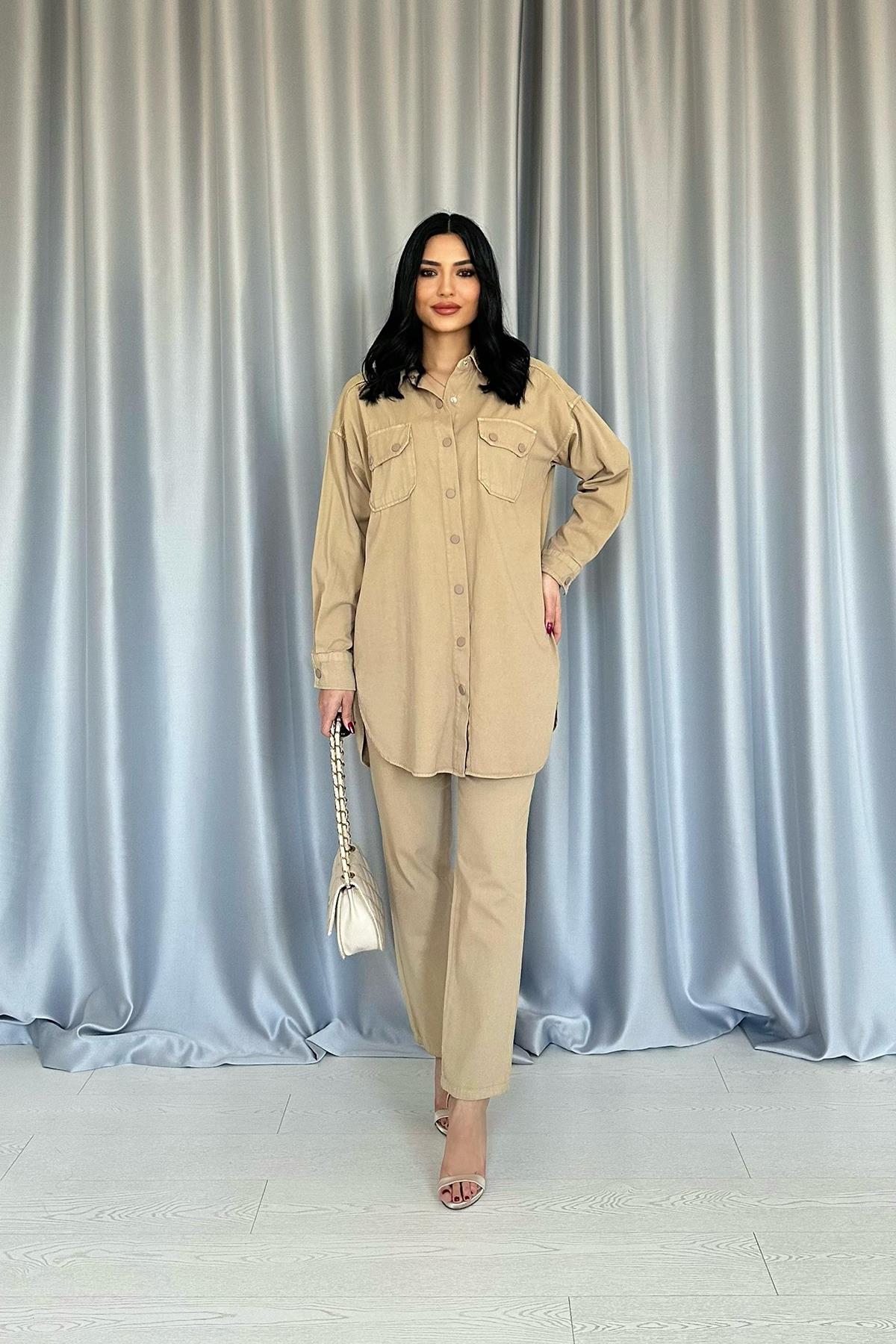 Toptan Camel Yıkamalı Gömlek Ve Pantolon Takım Camel L