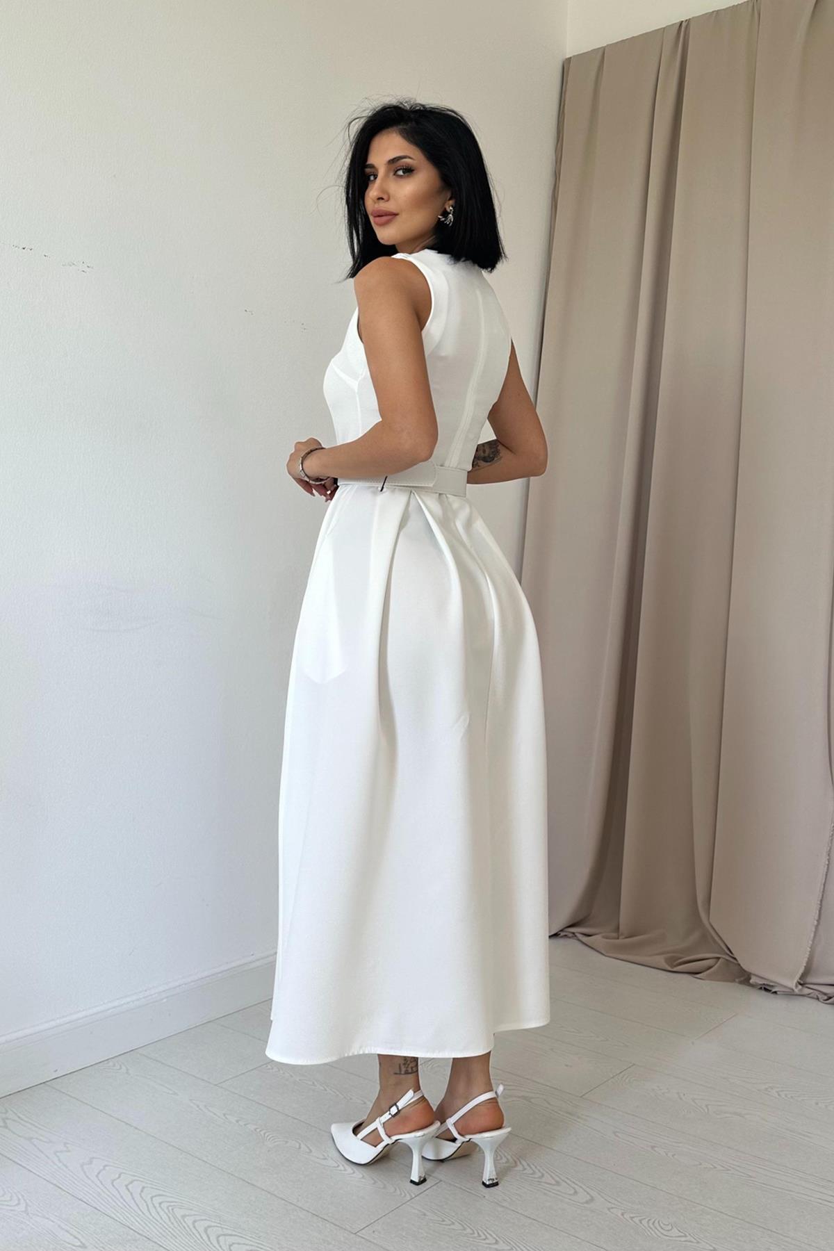 Toptan Ekru Halter Yaka Kloş Elbise