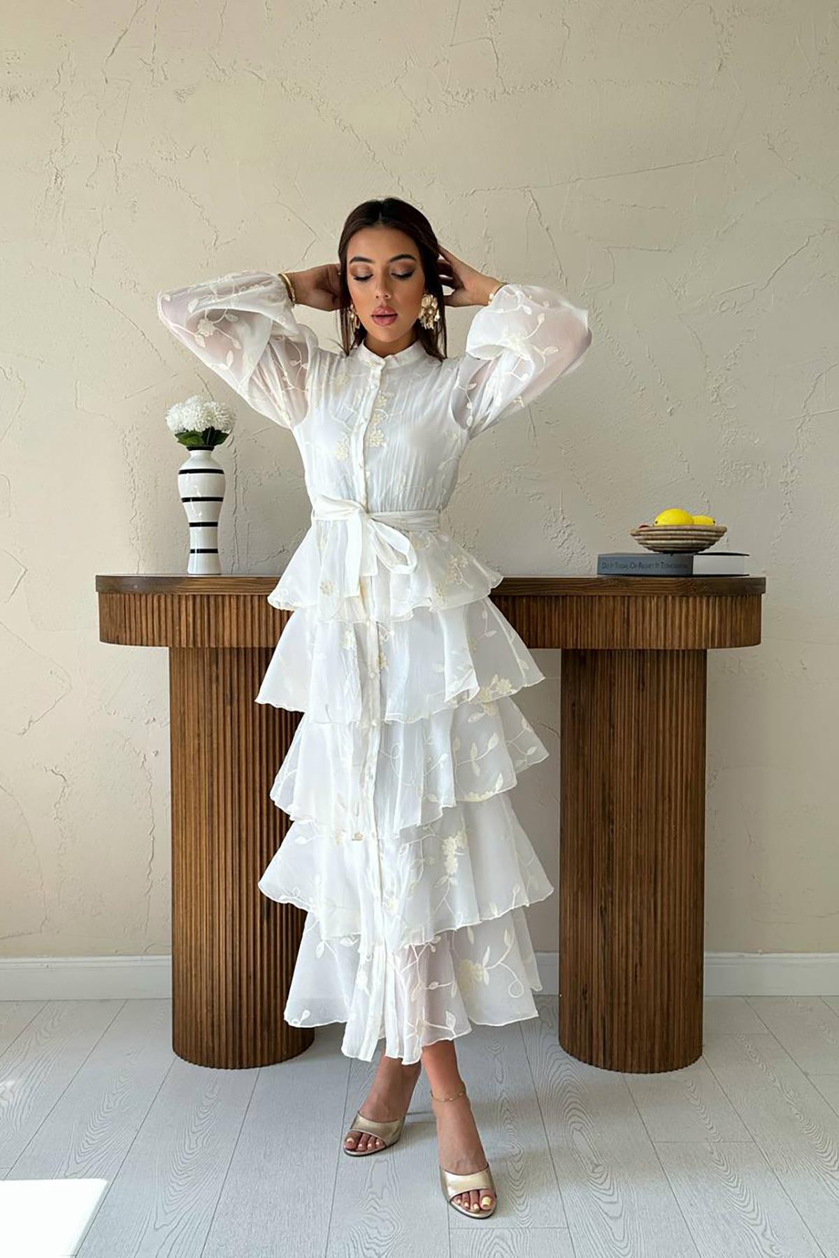 Toptan Ekru Kat Kat Kuşaklı Elbise