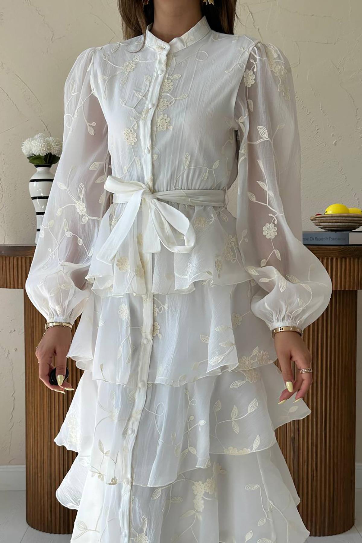 Toptan Ekru Kat Kat Kuşaklı Elbise