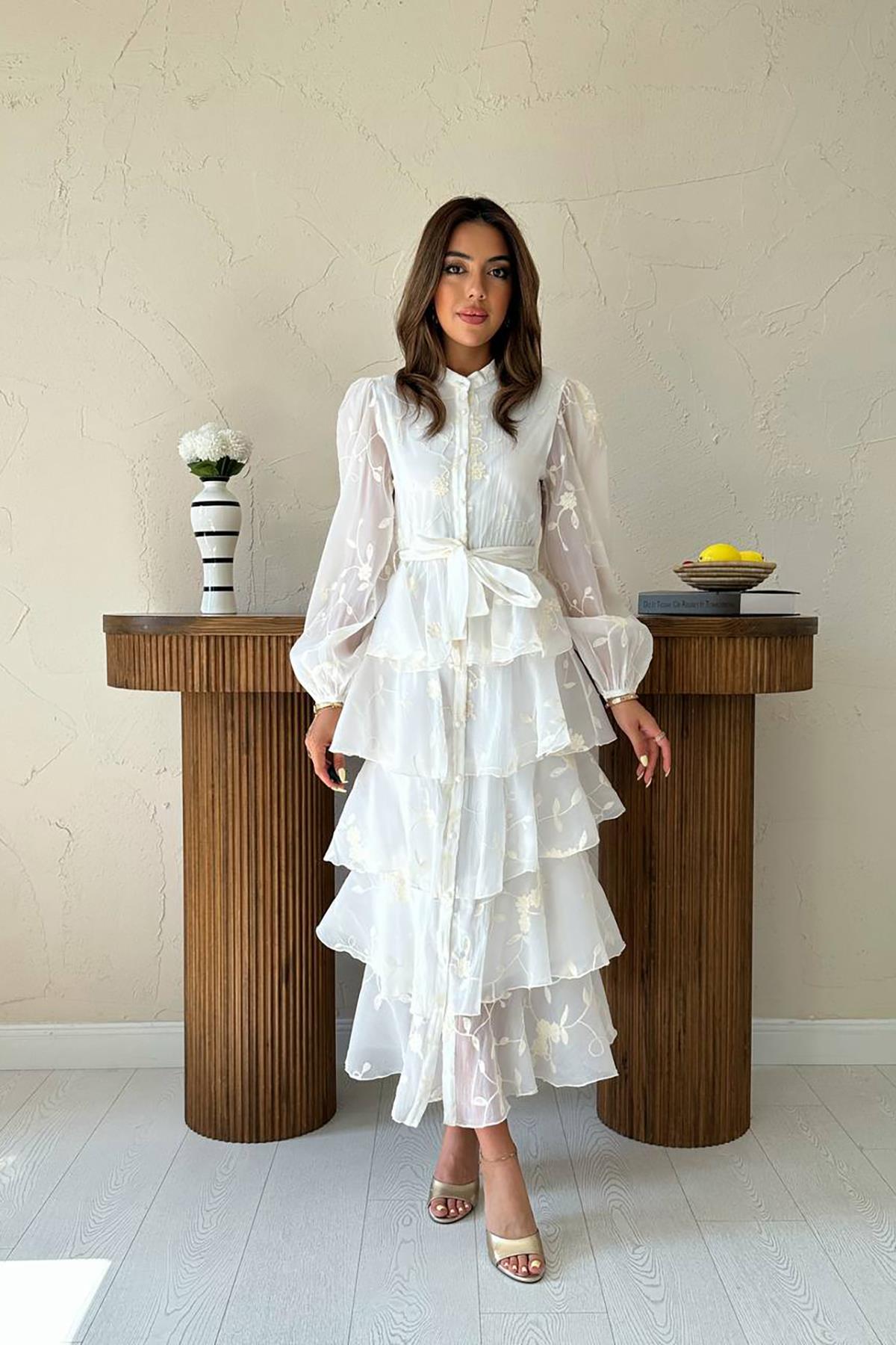 Toptan Ekru Kat Kat Kuşaklı Elbise Ekru L