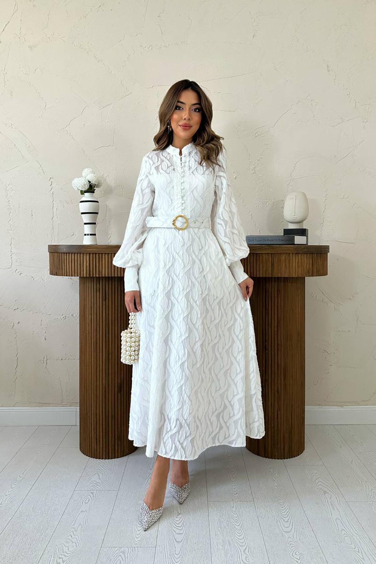 Toptan Ekru Kemer Detaylı Uzun Elbise Ekru L