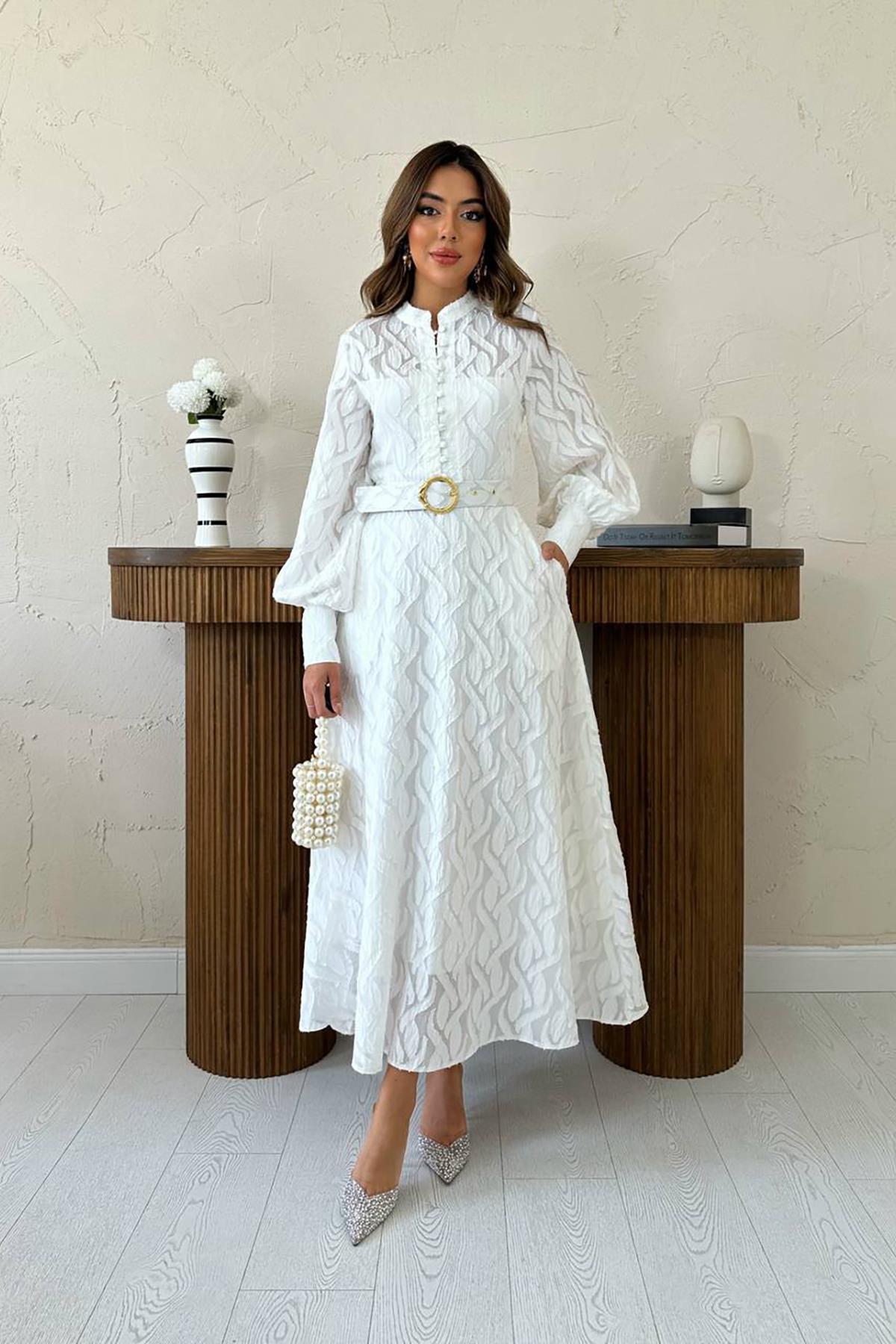 Toptan Ekru Kemer Detaylı Uzun Elbise