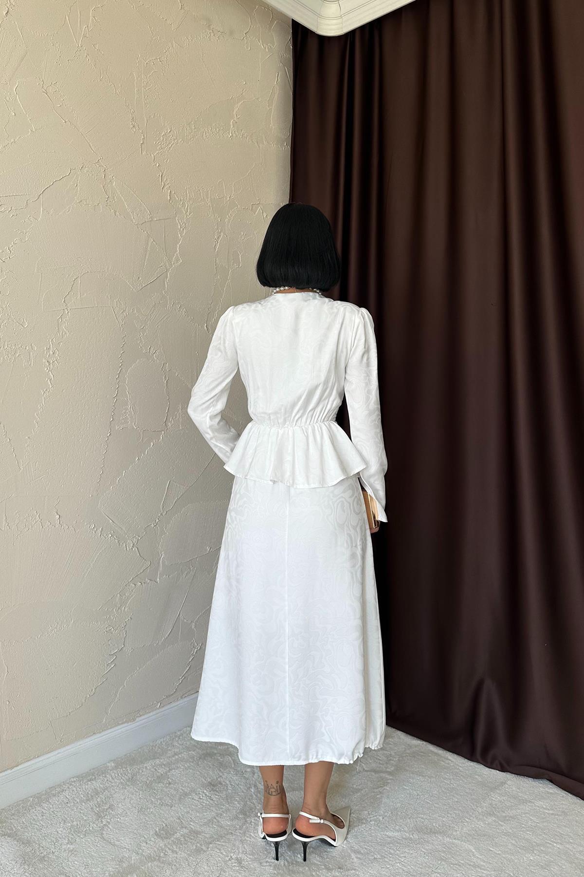 Toptan Ekru Pile Detaylı Kruvaze Elbise