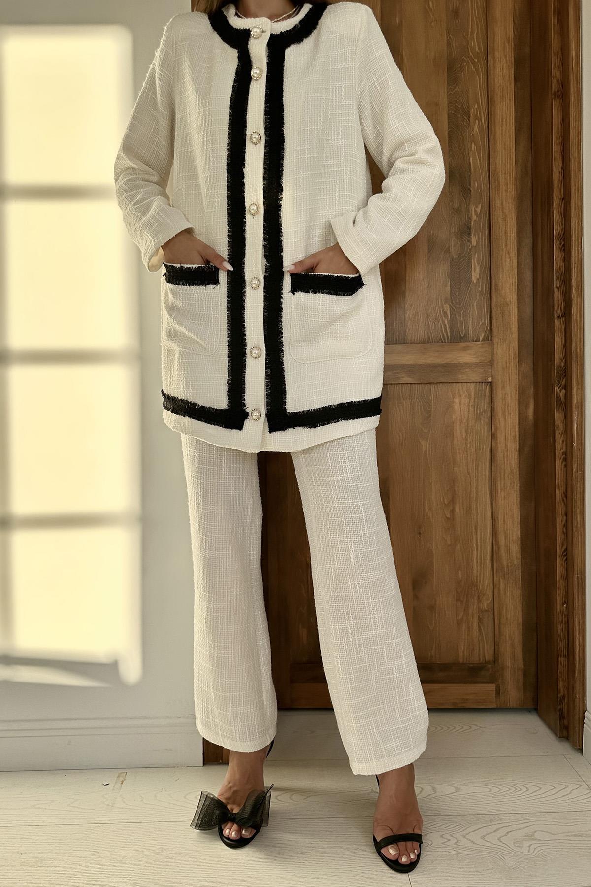 Toptan Ekru Siyah Şeritli Yakasız Ceket Ve Pantolon Takım