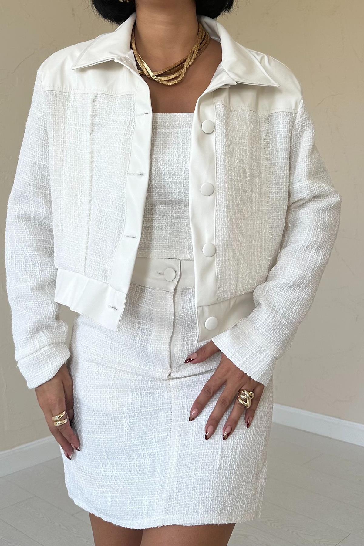 Toptan Ekru Üçlü Deri Garnili Ceket Ve Pantolon Takım